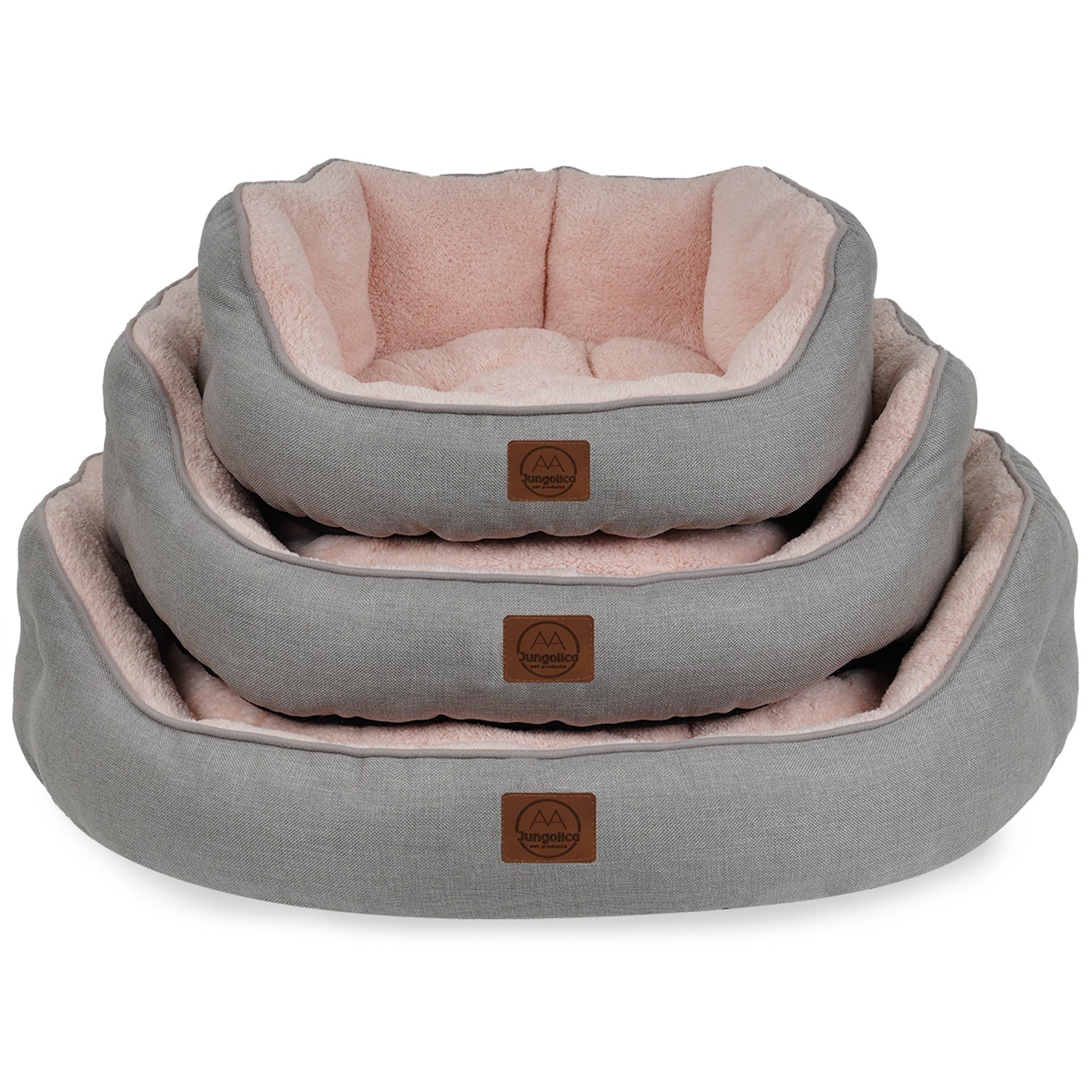 Stack of three grey and pink ultra-soft reversible pet beds for cats and dogs