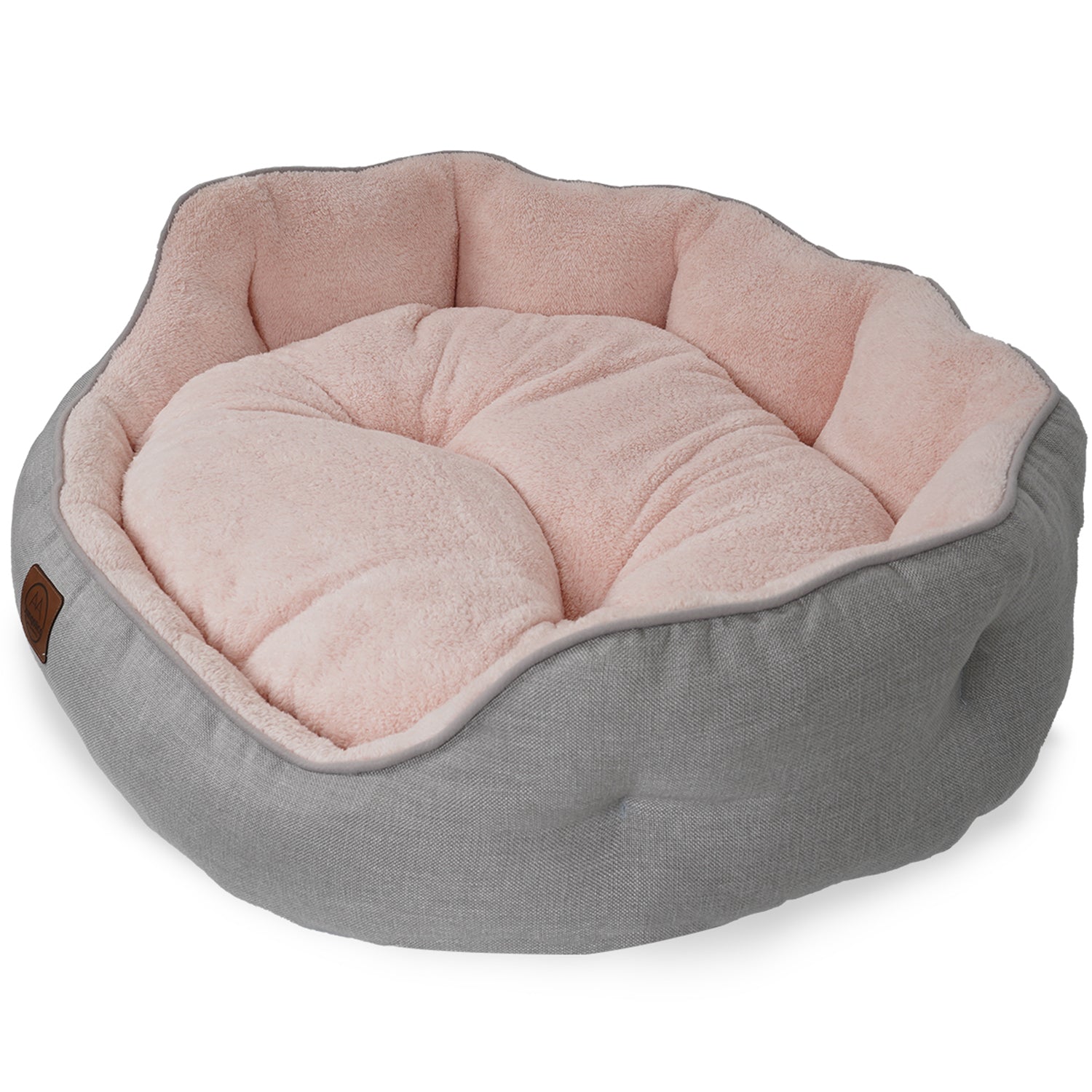 Ultra soft washable cat and dog bed with non-slip base, light gray exterior and pink plush interior