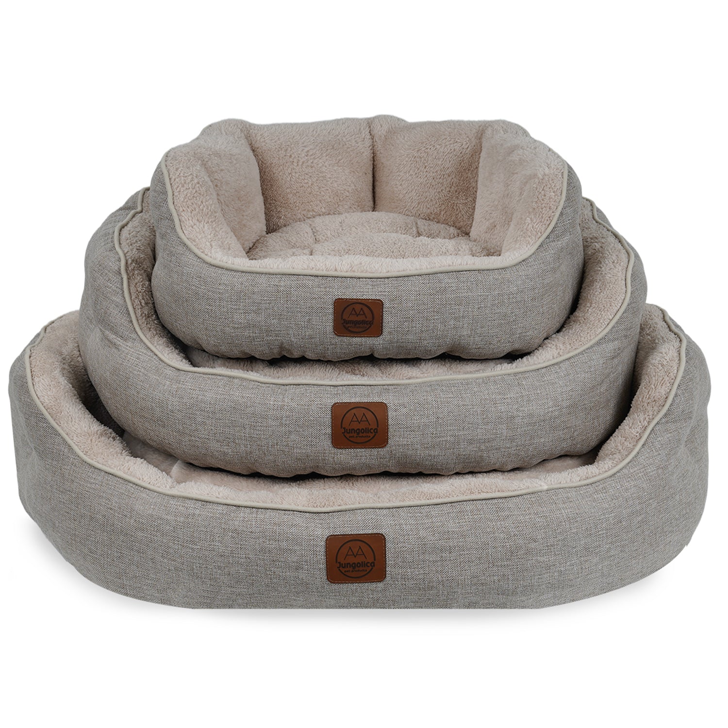 Stacked beige ultra-soft pet beds with removable cushions and non-slip bottoms.