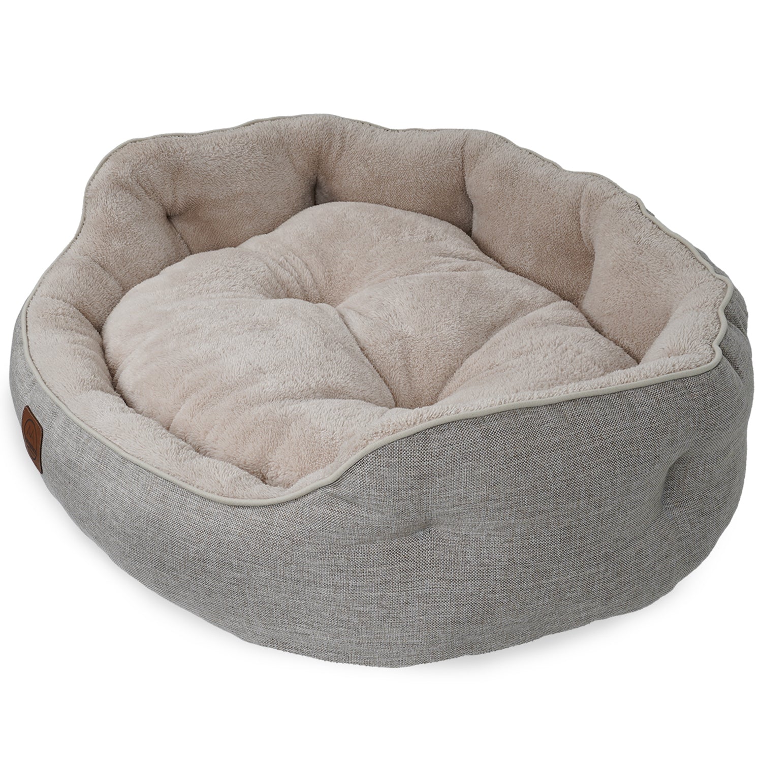 Beige ultra-soft double-sided pet bed with plush cushion and non-slip base