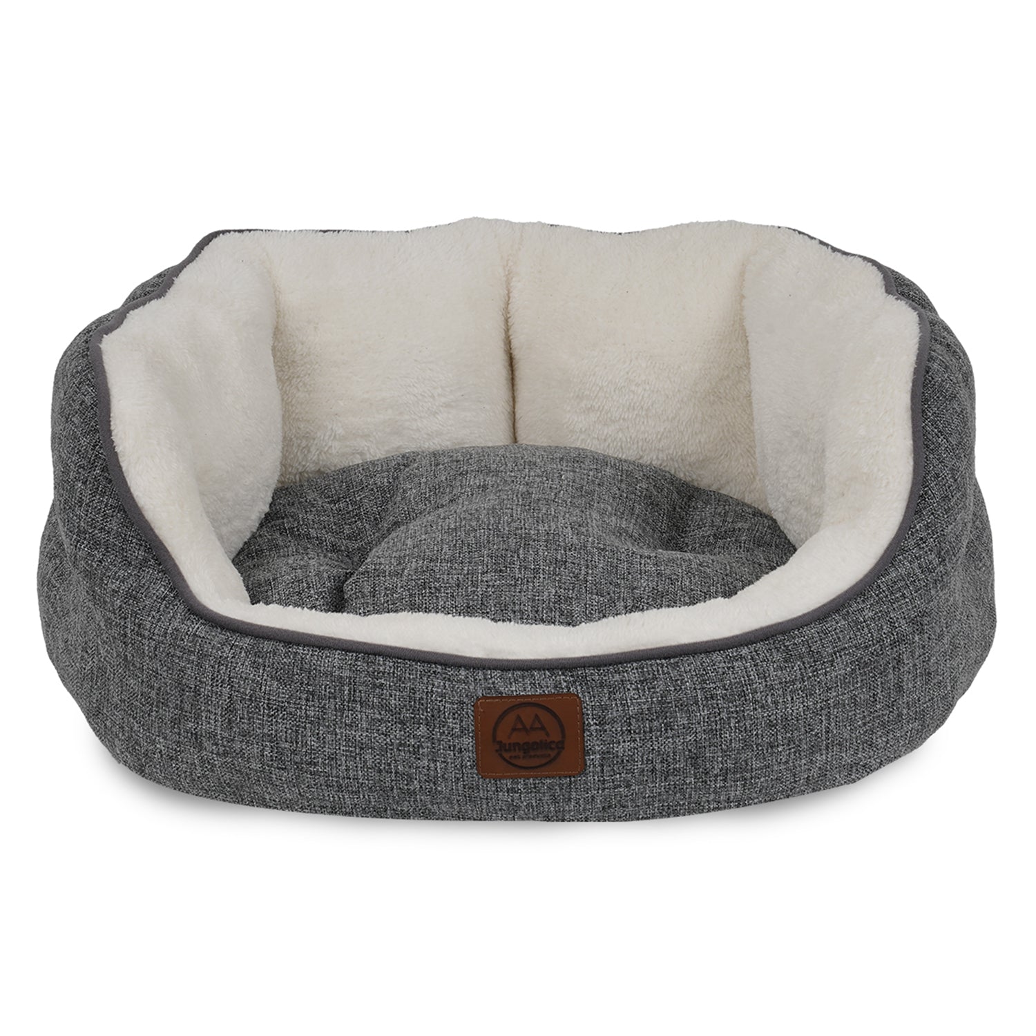 Gray and white reversible plush pet bed with non-slip base for cats and dogs