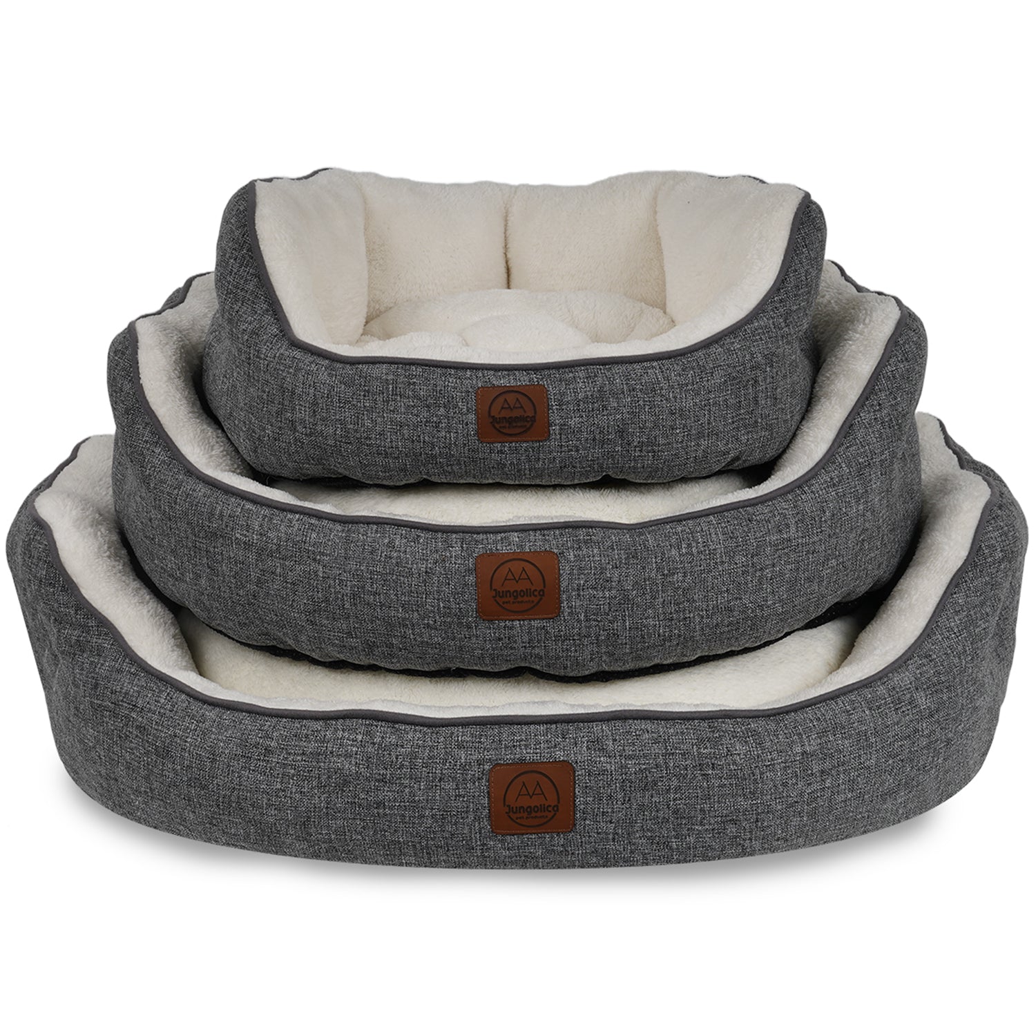 Stacked gray and white ultra-soft, non-slip washable pet beds for cats and dogs