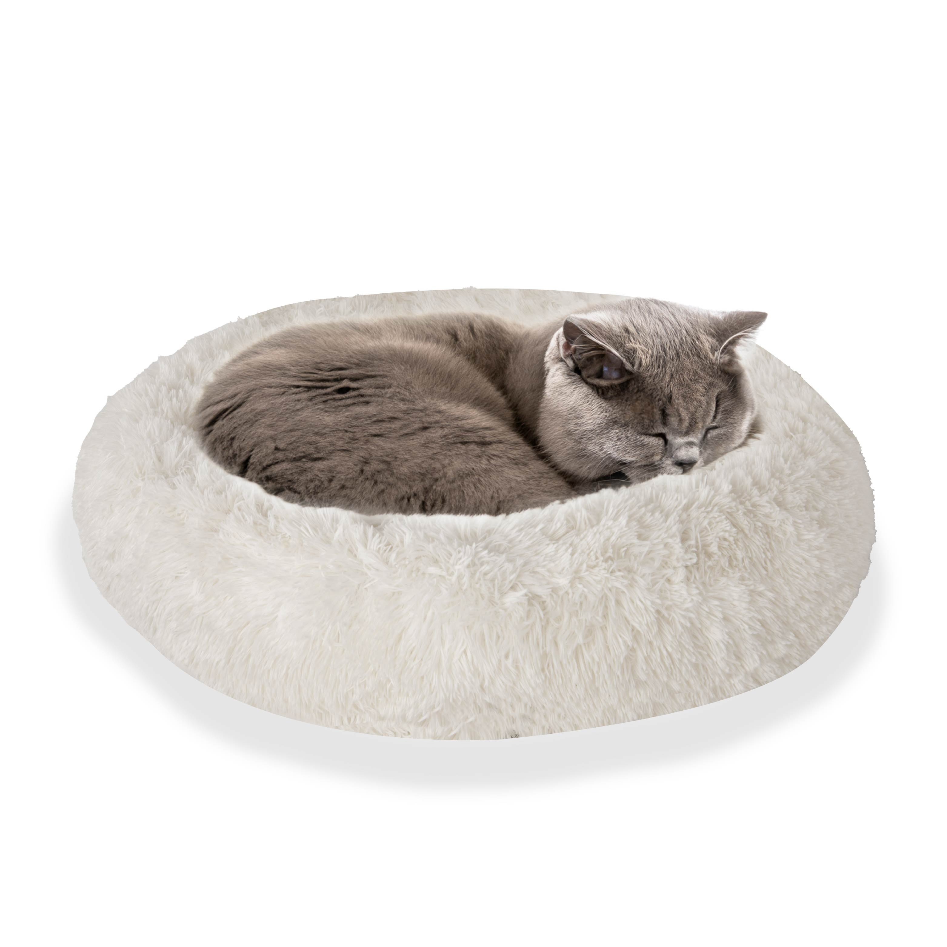 Gray cat sleeping in round fluffy white pet bed on white background