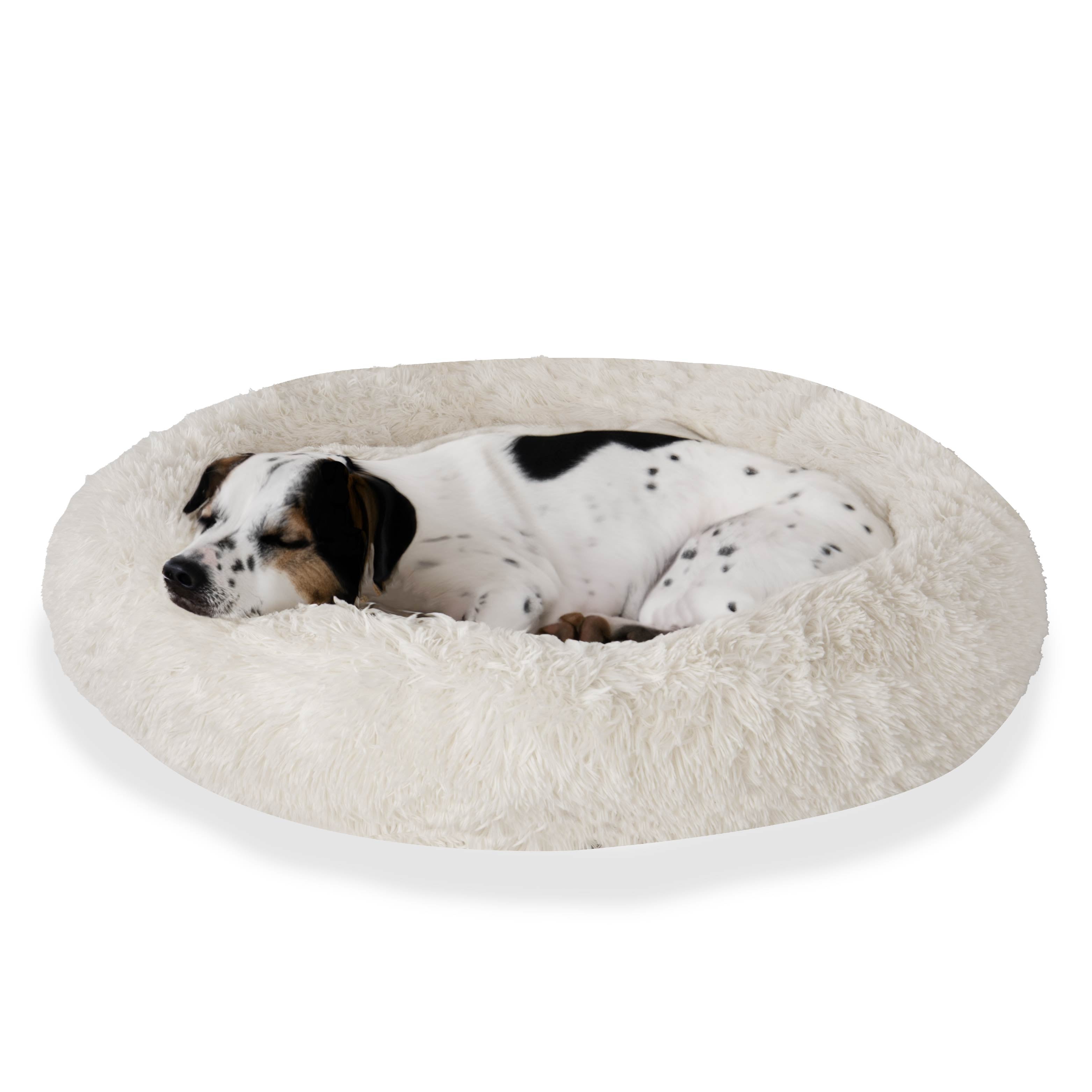 Spotted dog sleeping on round fluffy ivory dog bed