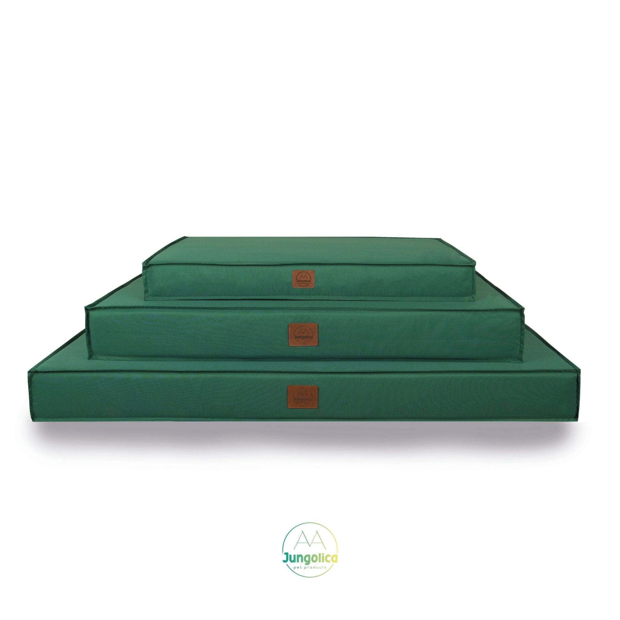 Stack of three green waterproof pet beds with removable covers, displayed on white background.