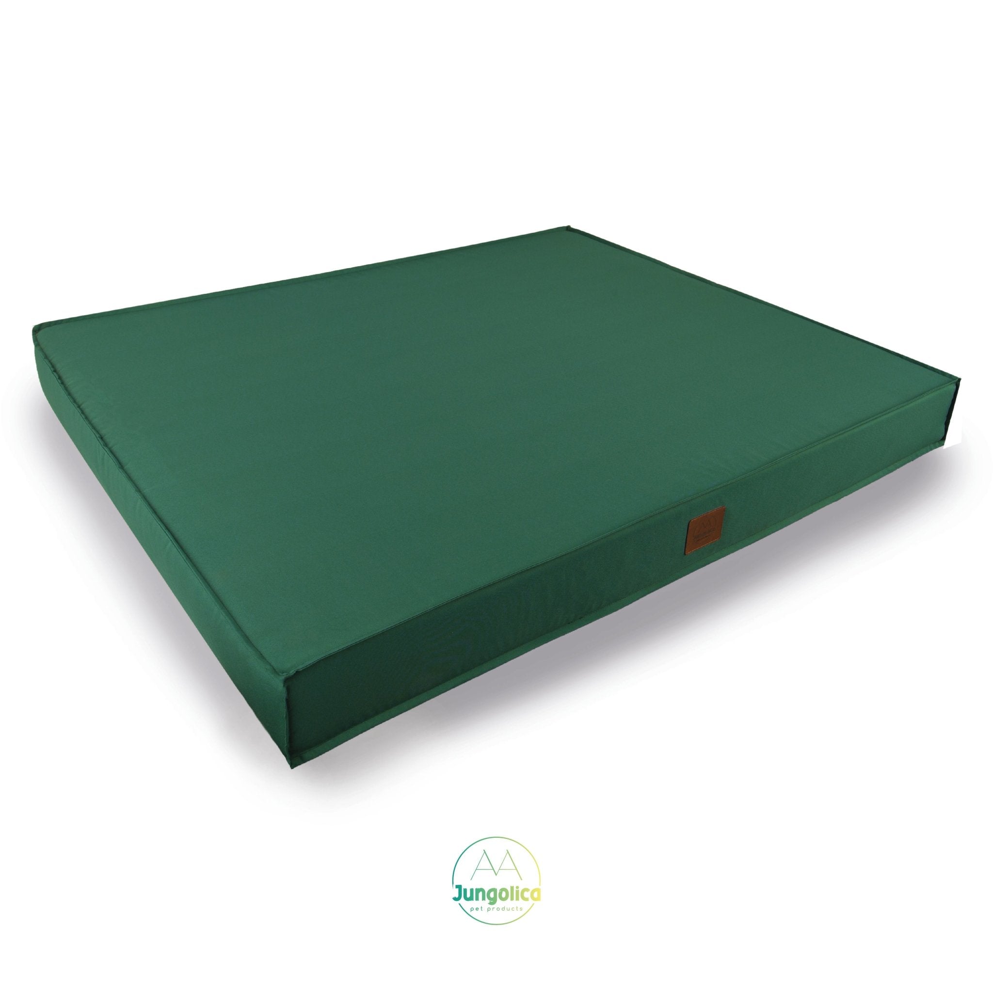 Green waterproof pet bed with removable, washable cover on white background