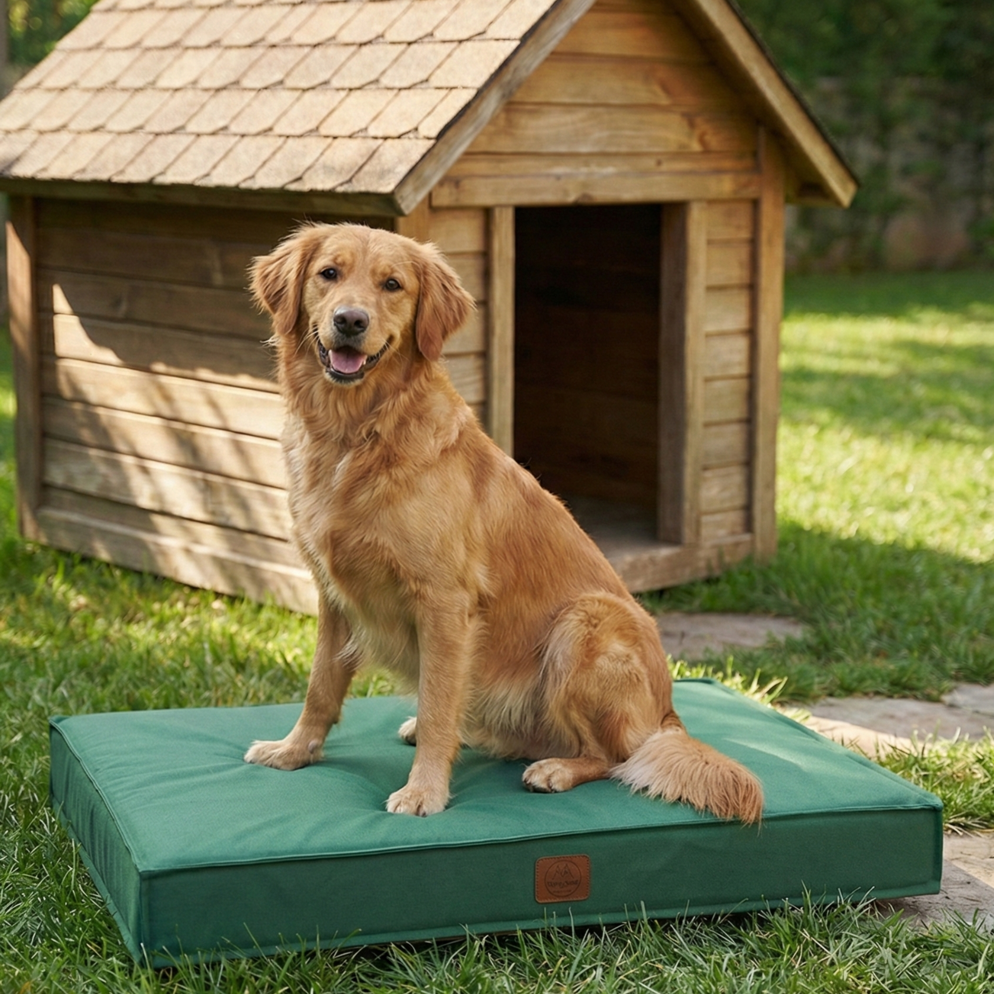 Golden retriever sitting on green outdoor dog bed in front of wooden dog house