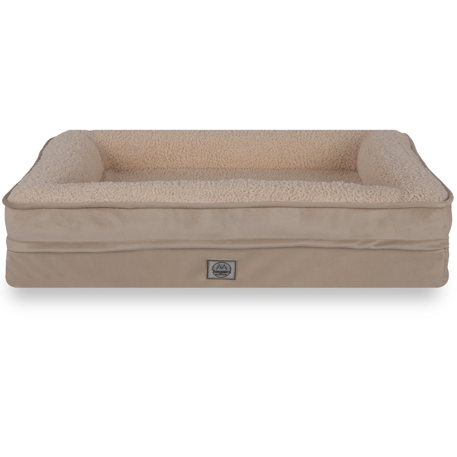 Rectangular beige pet bed with zippered, washable cover and soft fleece interior