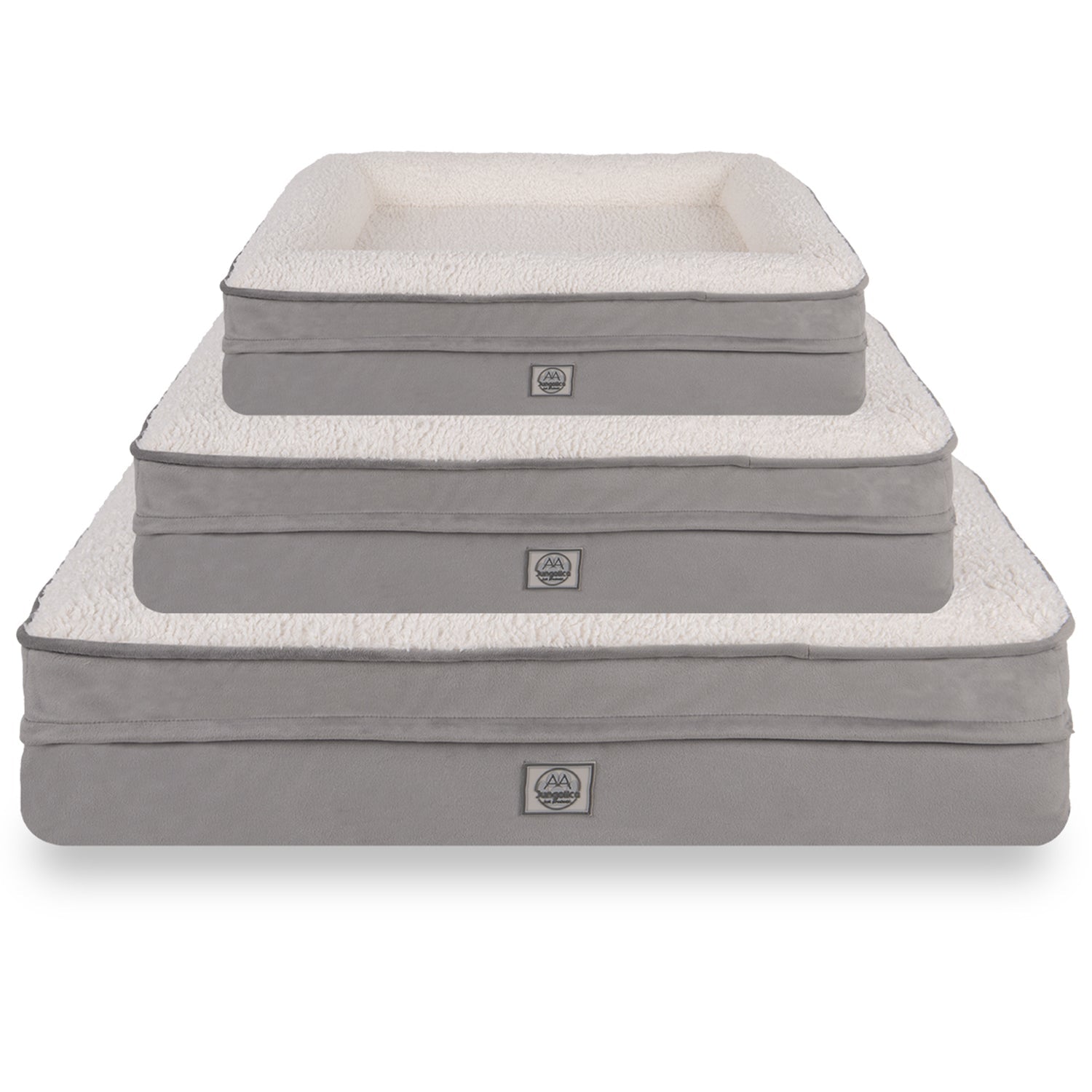 Stacked grey and white waterproof pet beds with removable covers for cats and dogs