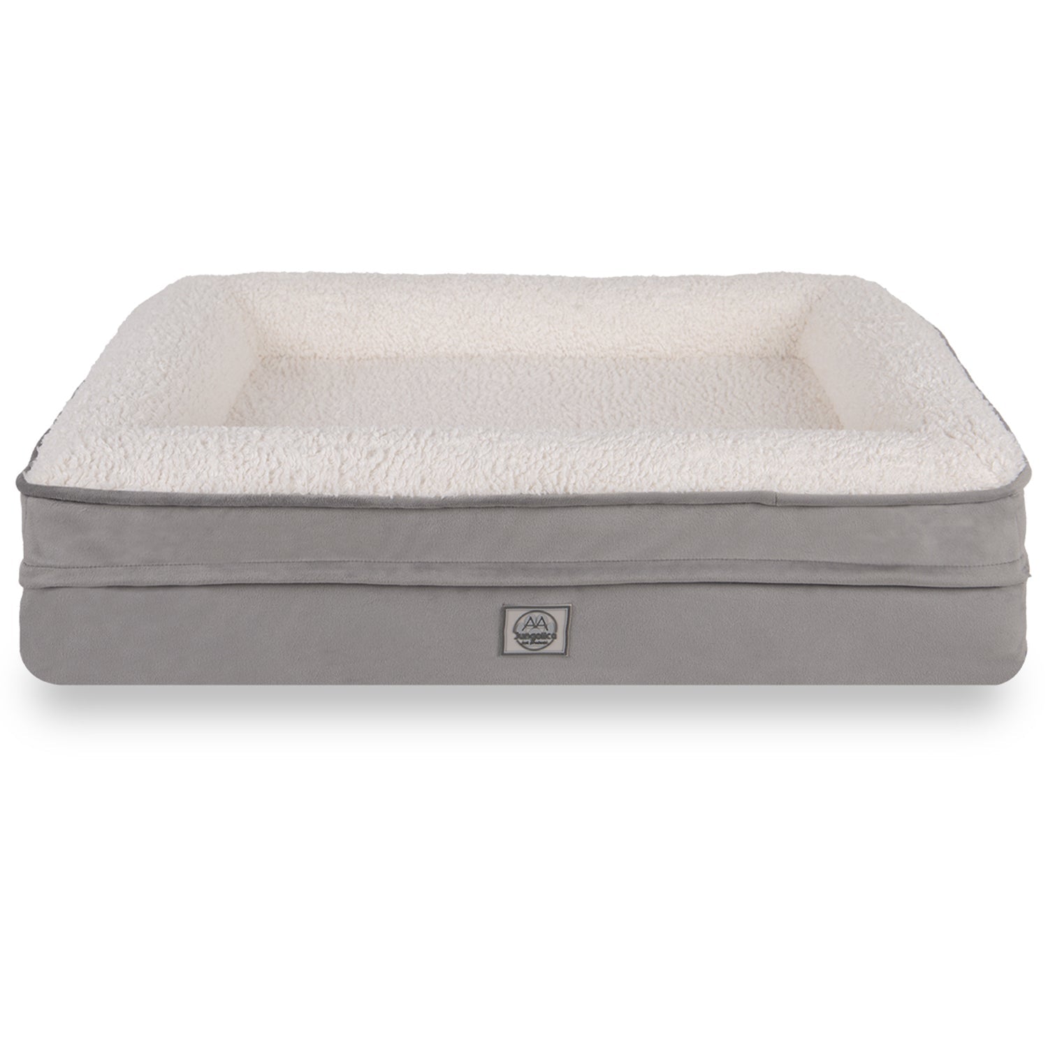 Grey and white waterproof pet bed with removable cover and plush surface