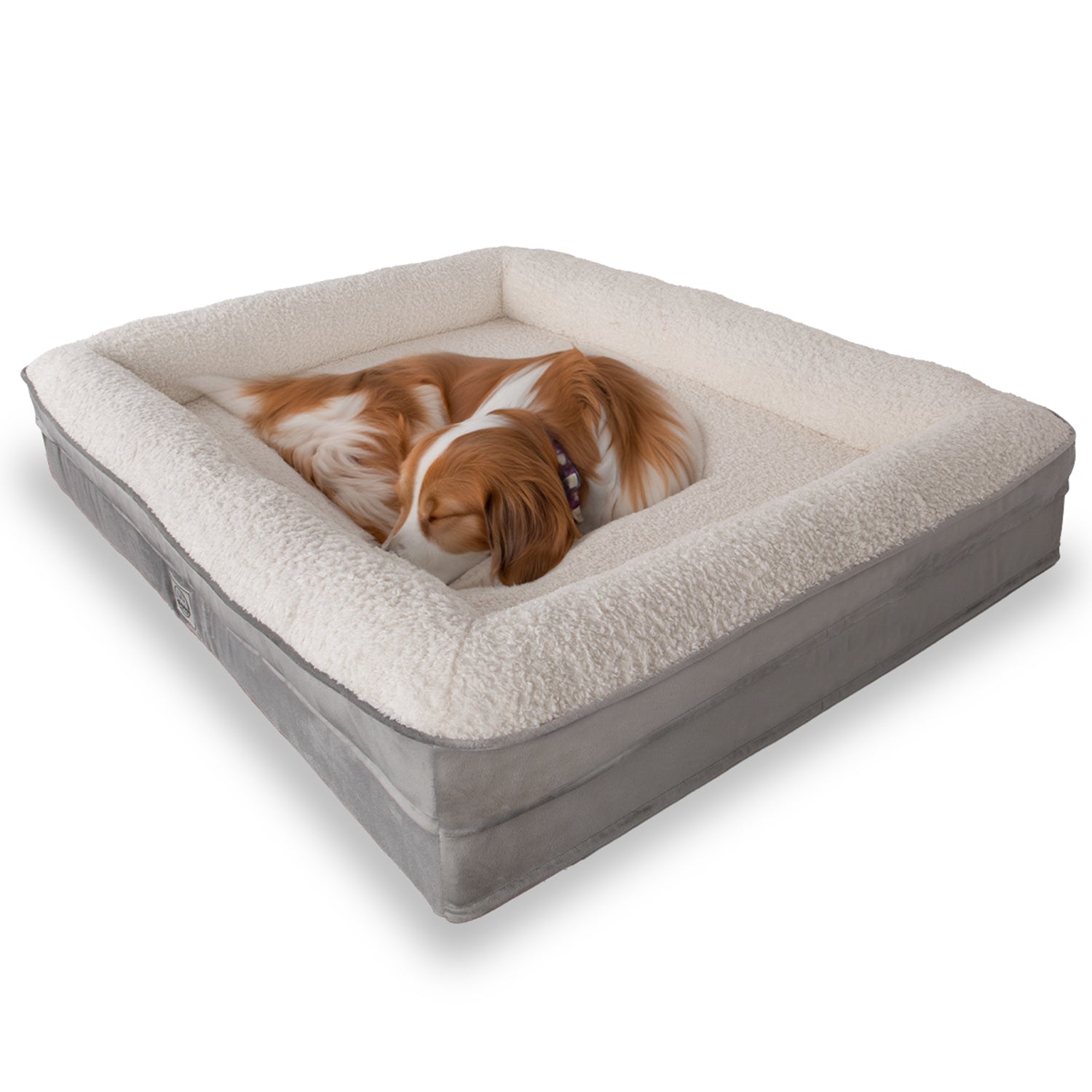 Dog sleeping on a plush, waterproof, grey and white square pet bed with removable cover