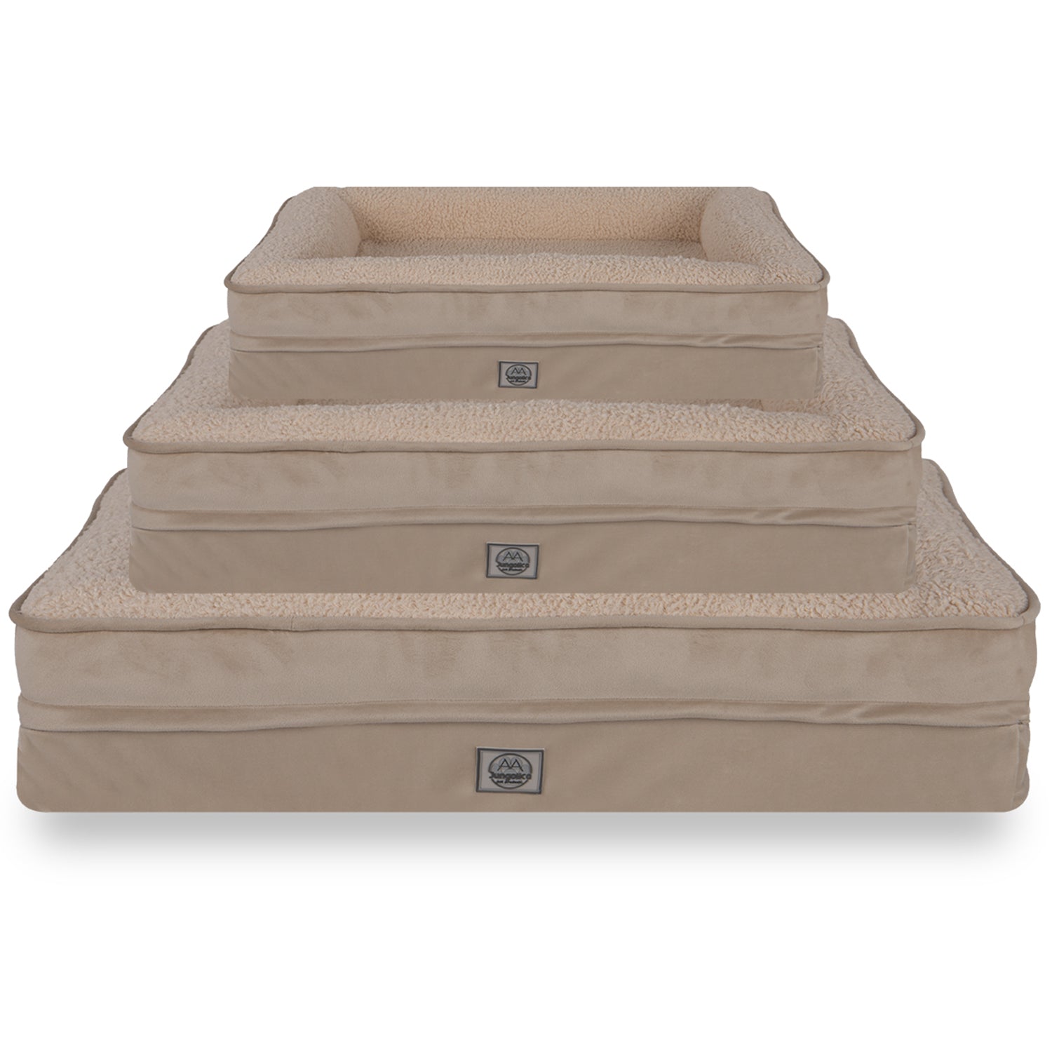 Stack of beige ultra-soft waterproof cat and dog beds with removable covers