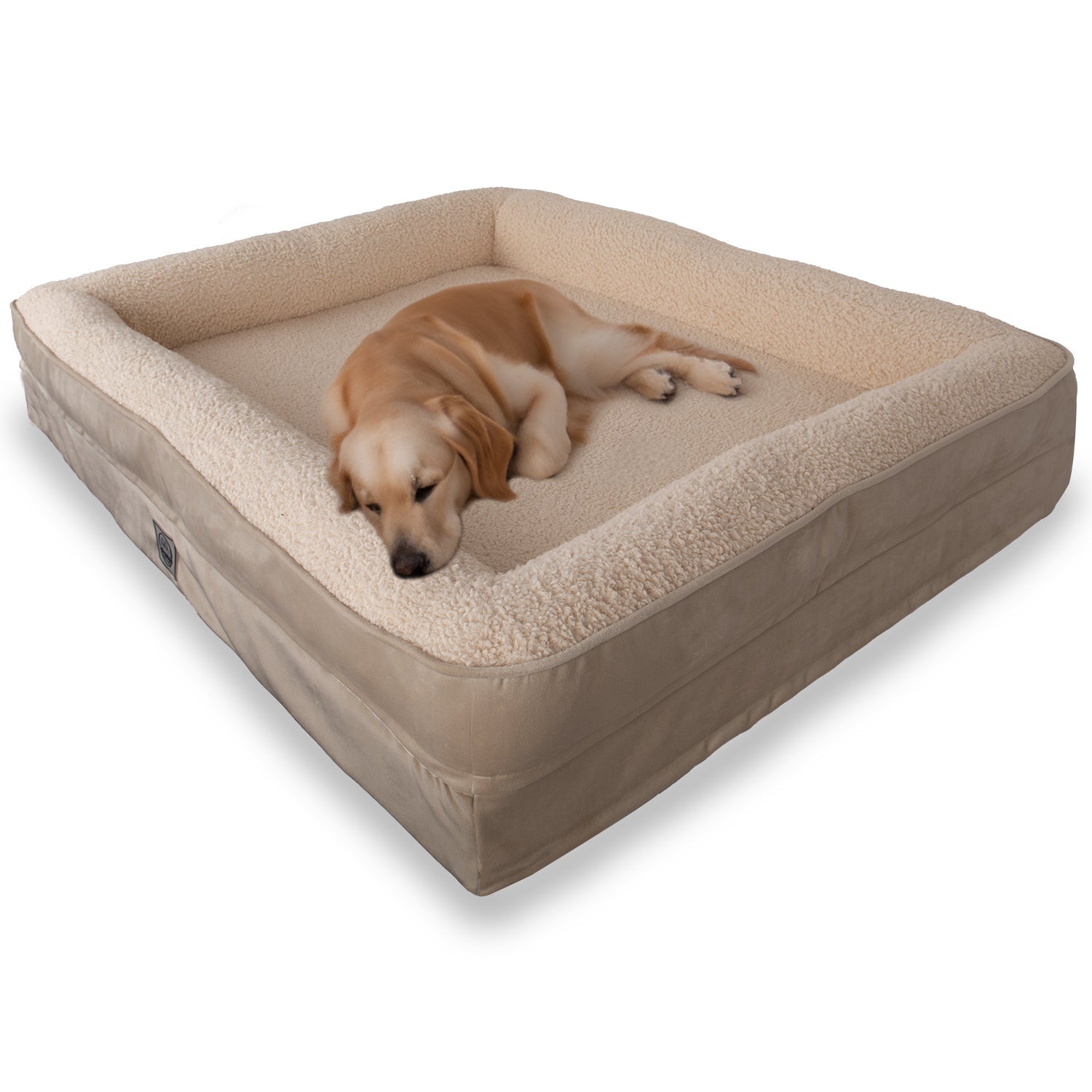 Large beige waterproof dog bed with removable soft cover, sleeping Labrador