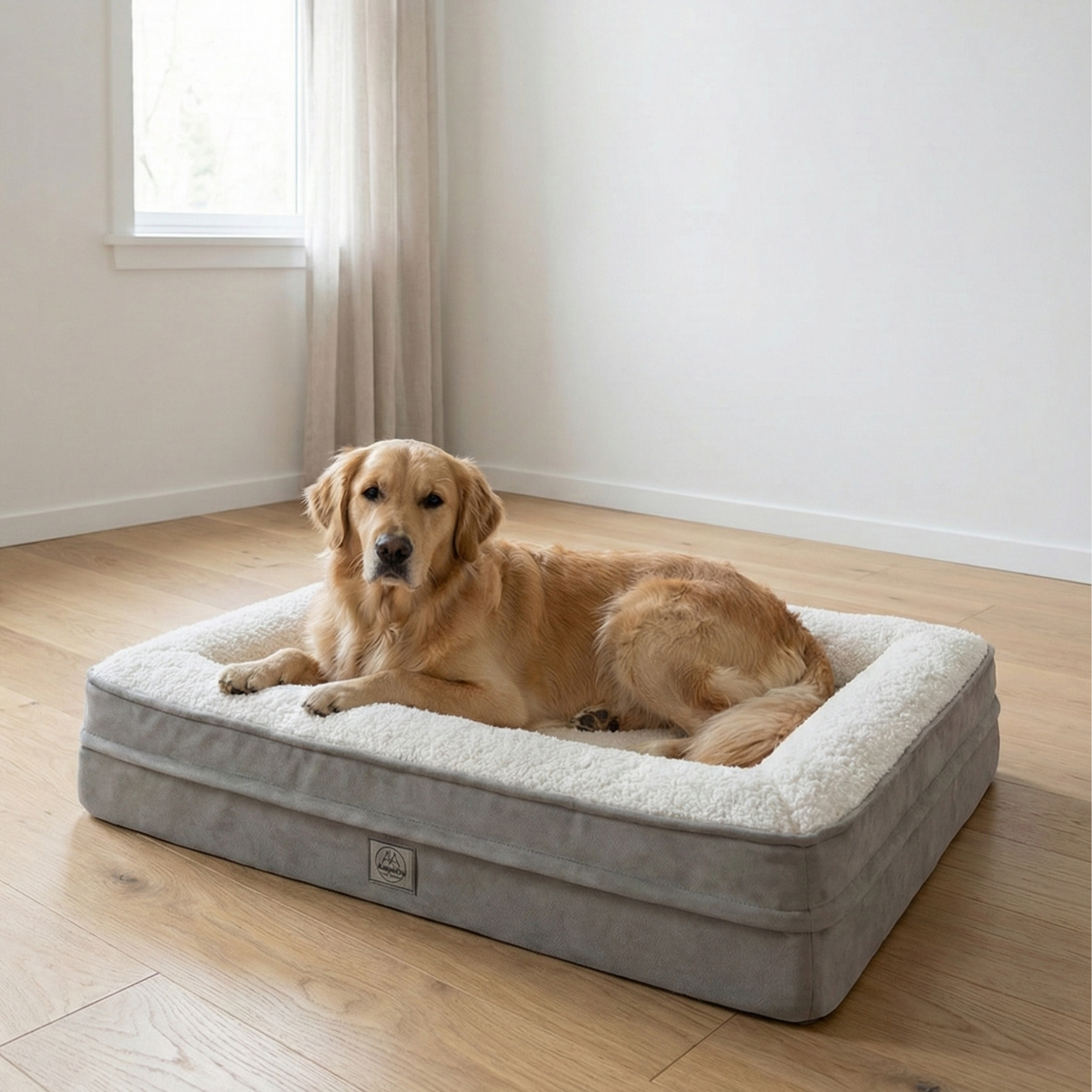 Golden retriever lying on a large rectangular orthopedic dog bed in a bright, modern room