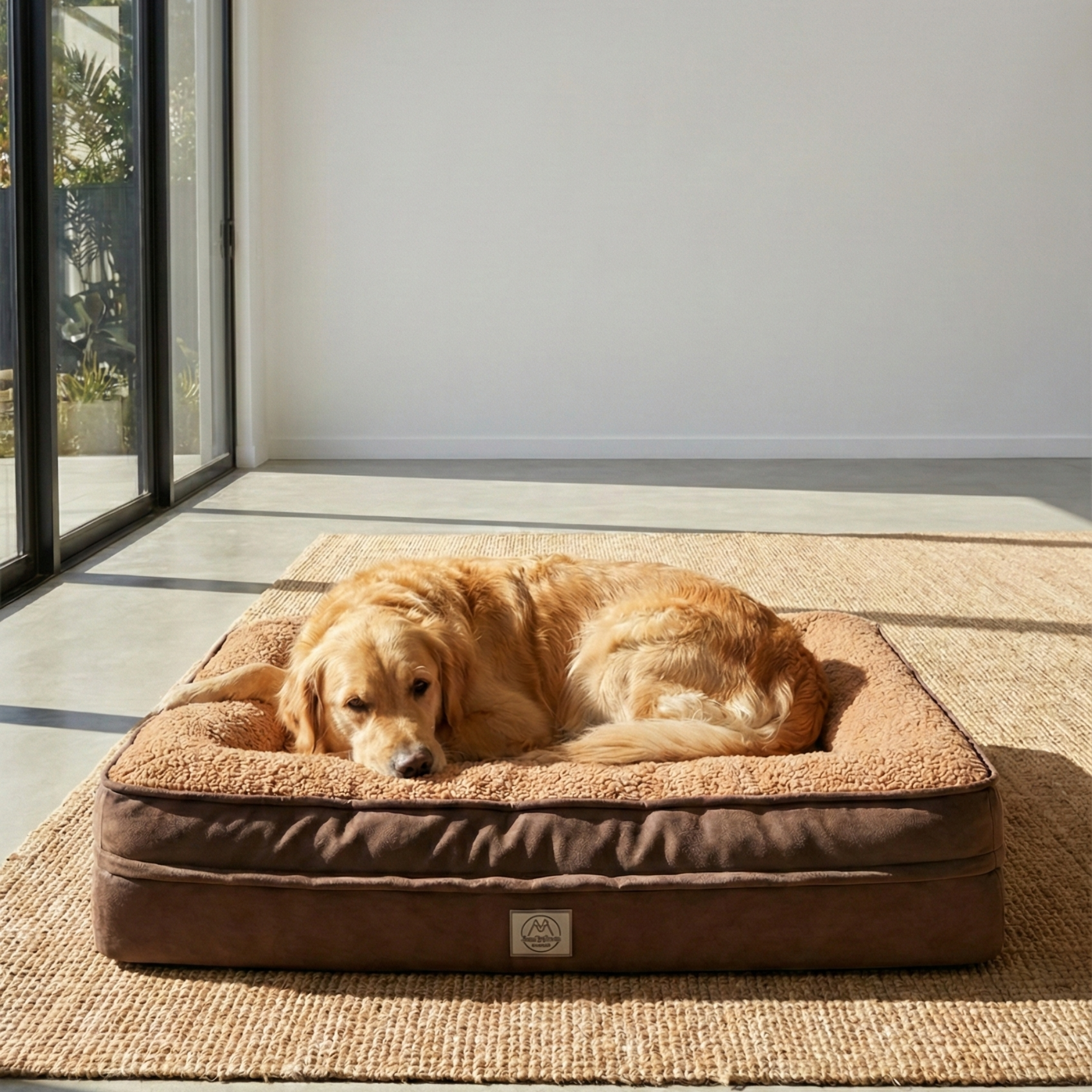 Golden retriever lying on a large brown dog bed in a sunlit modern room