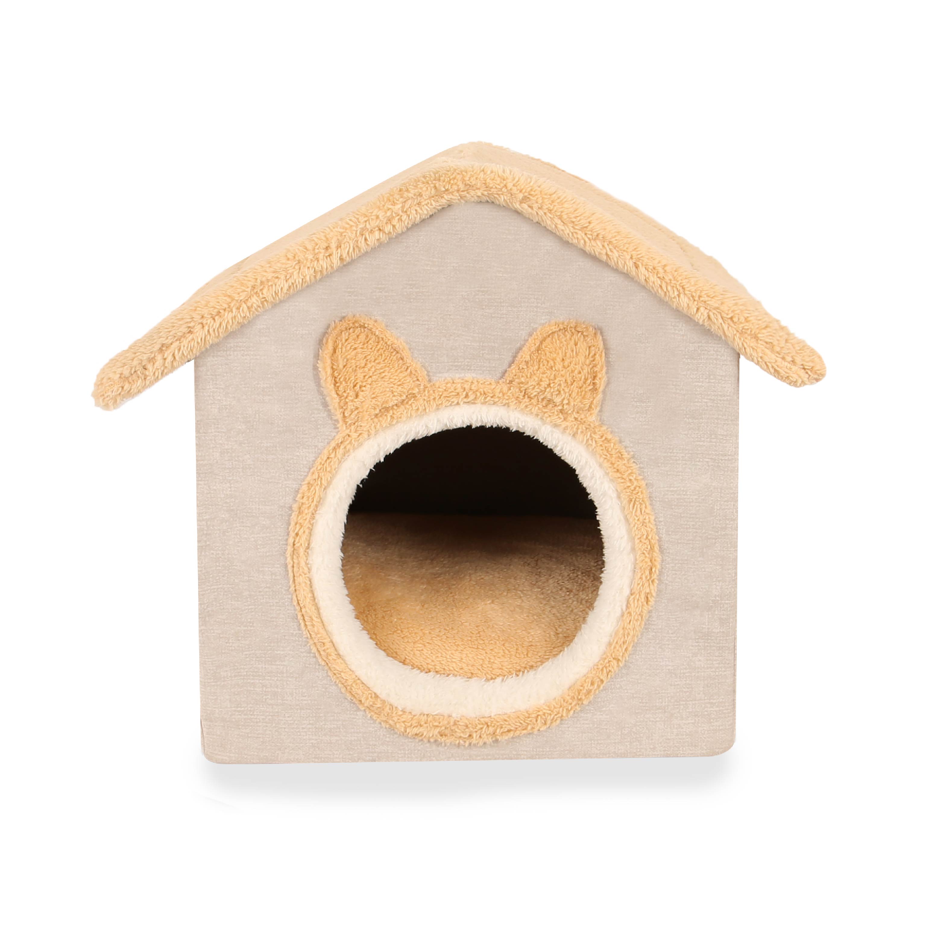 Soft beige and tan cat house with round entrance and ear-shaped accents