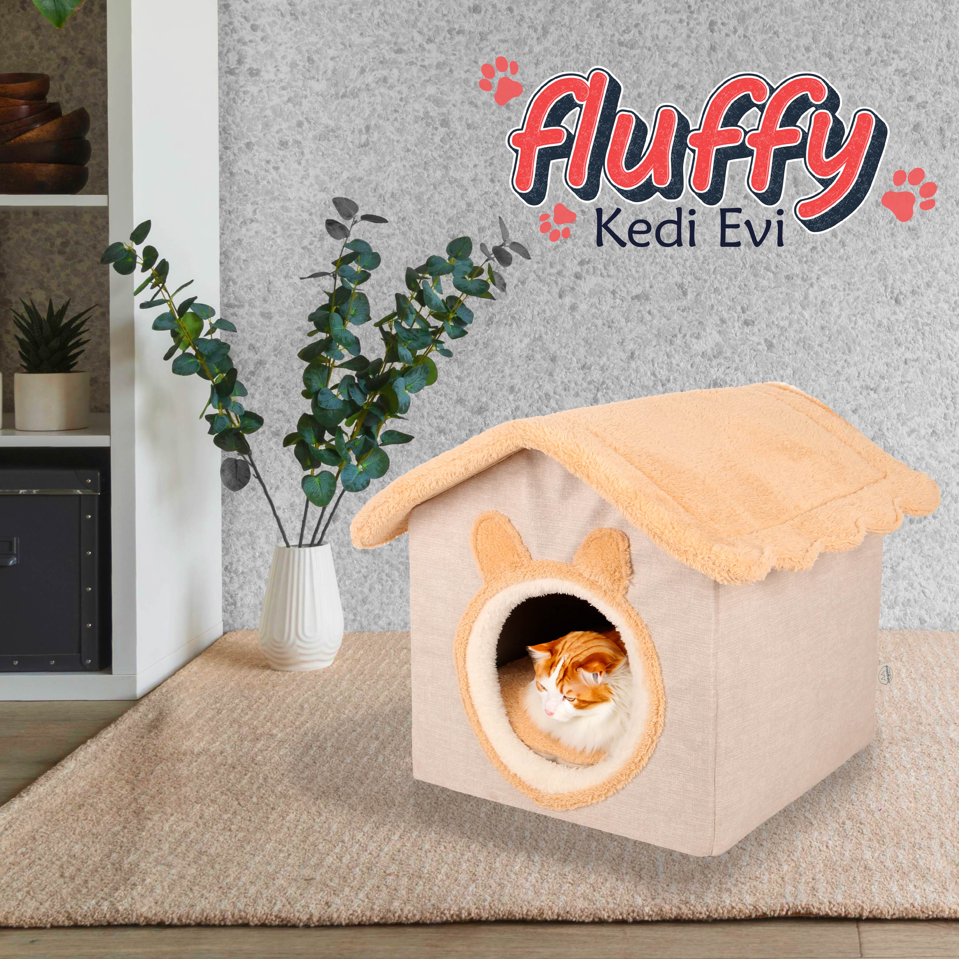 Cozy beige cat house with plush roof on carpet, orange and white cat inside, indoor decor