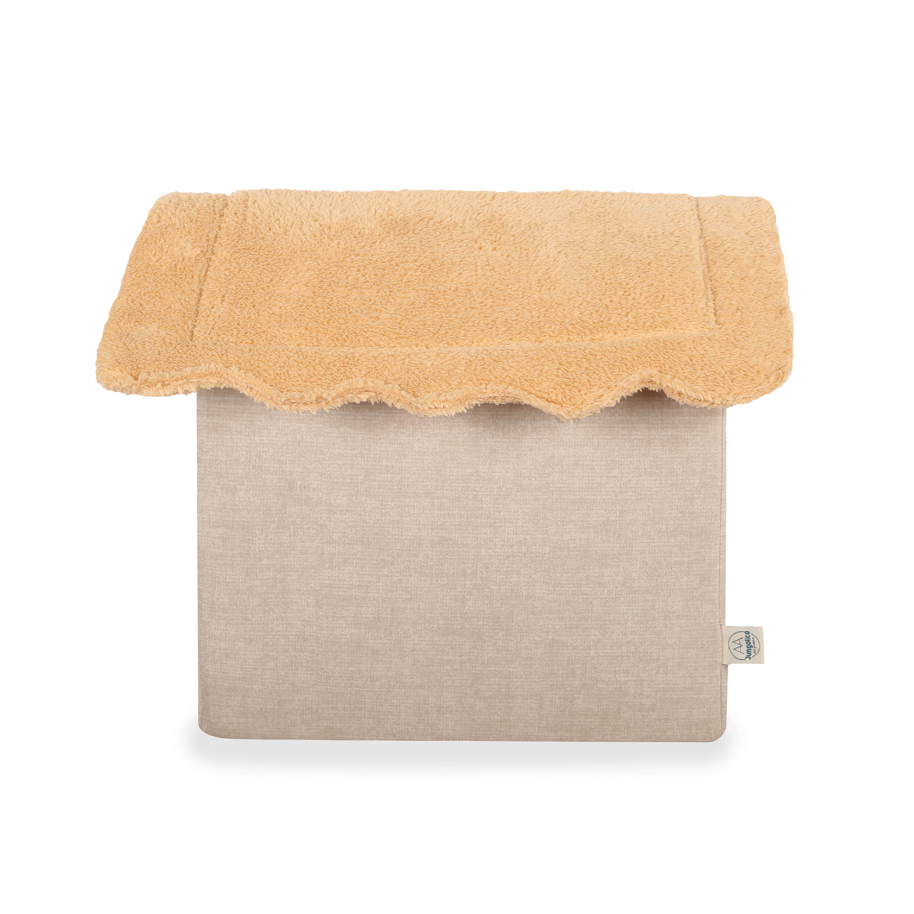 Beige fabric pet house with soft textured tan roof, cozy indoor cat or dog bed