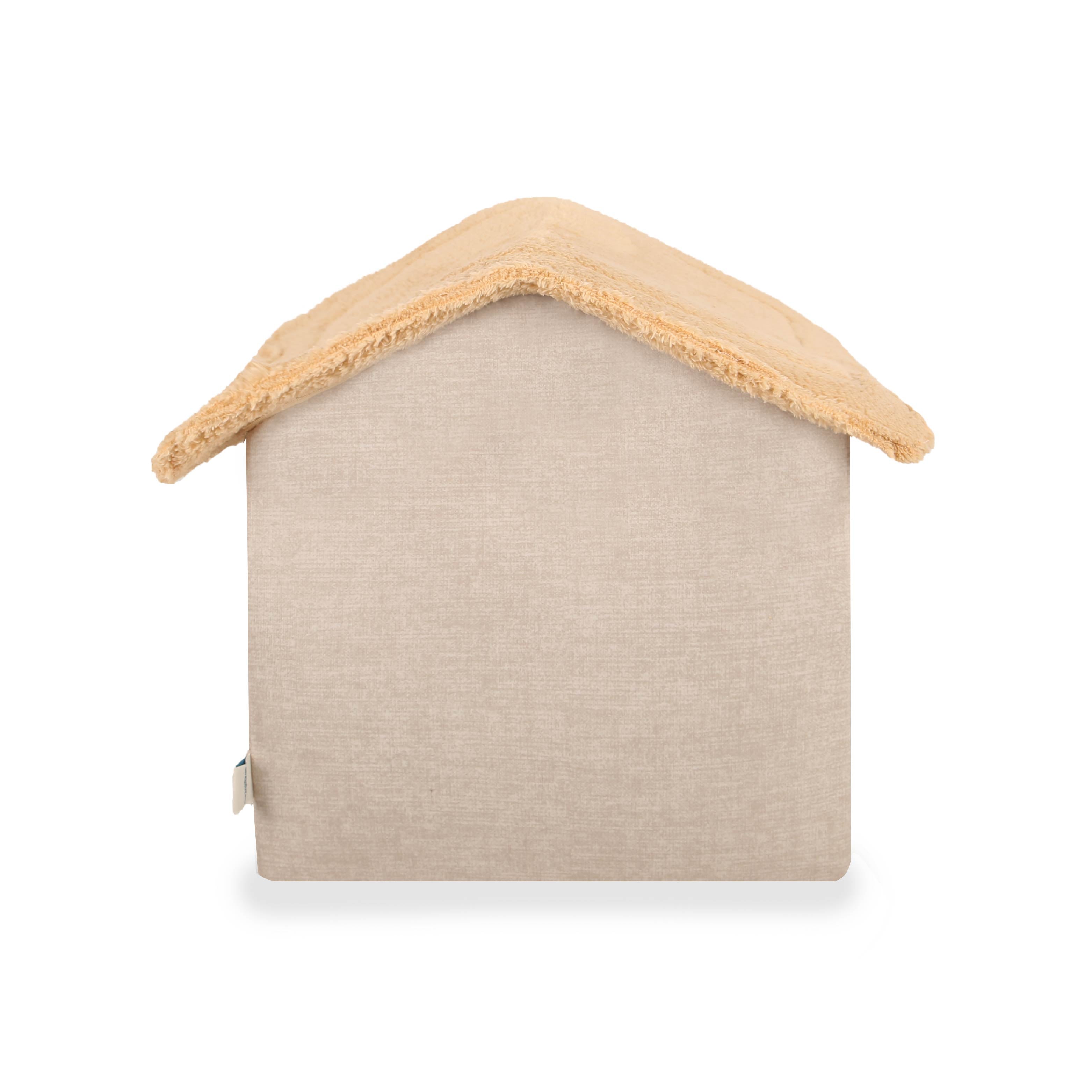 Beige fabric pet house with a soft, fluffy roof, photographed on a white background
