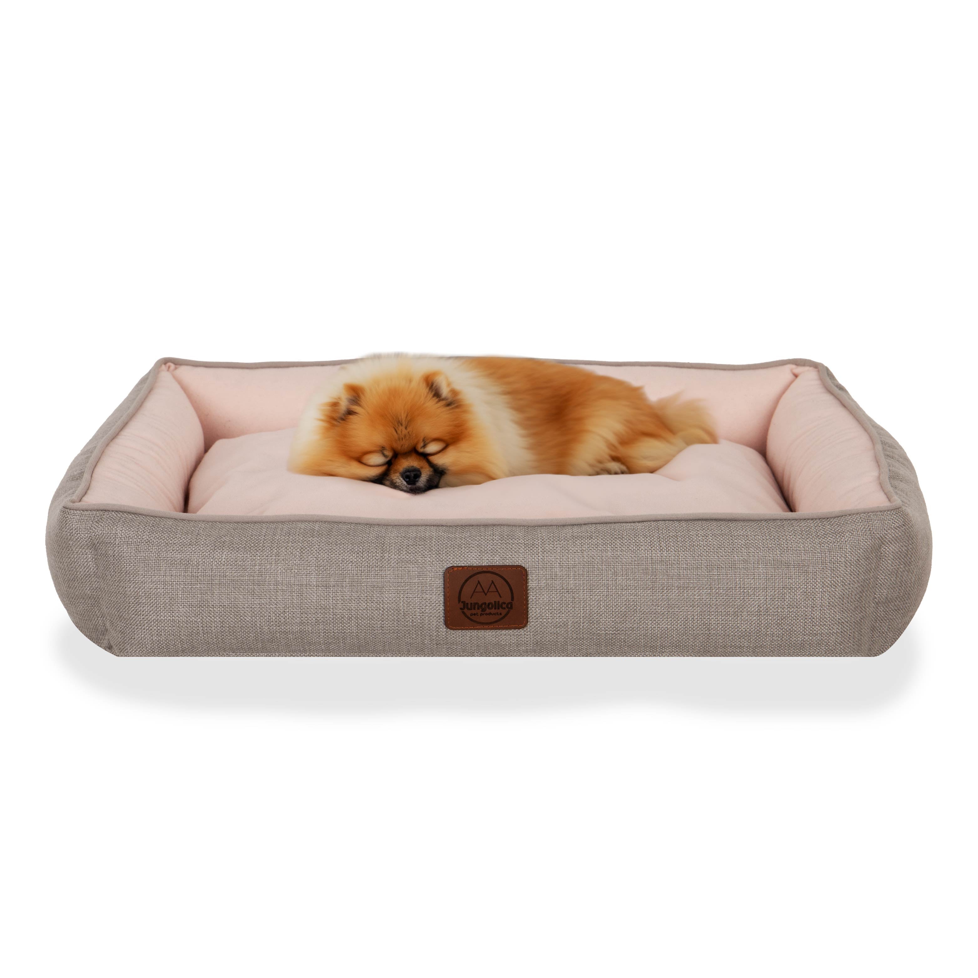 Small fluffy dog sleeping on a light pink rectangular pet bed with grey sides