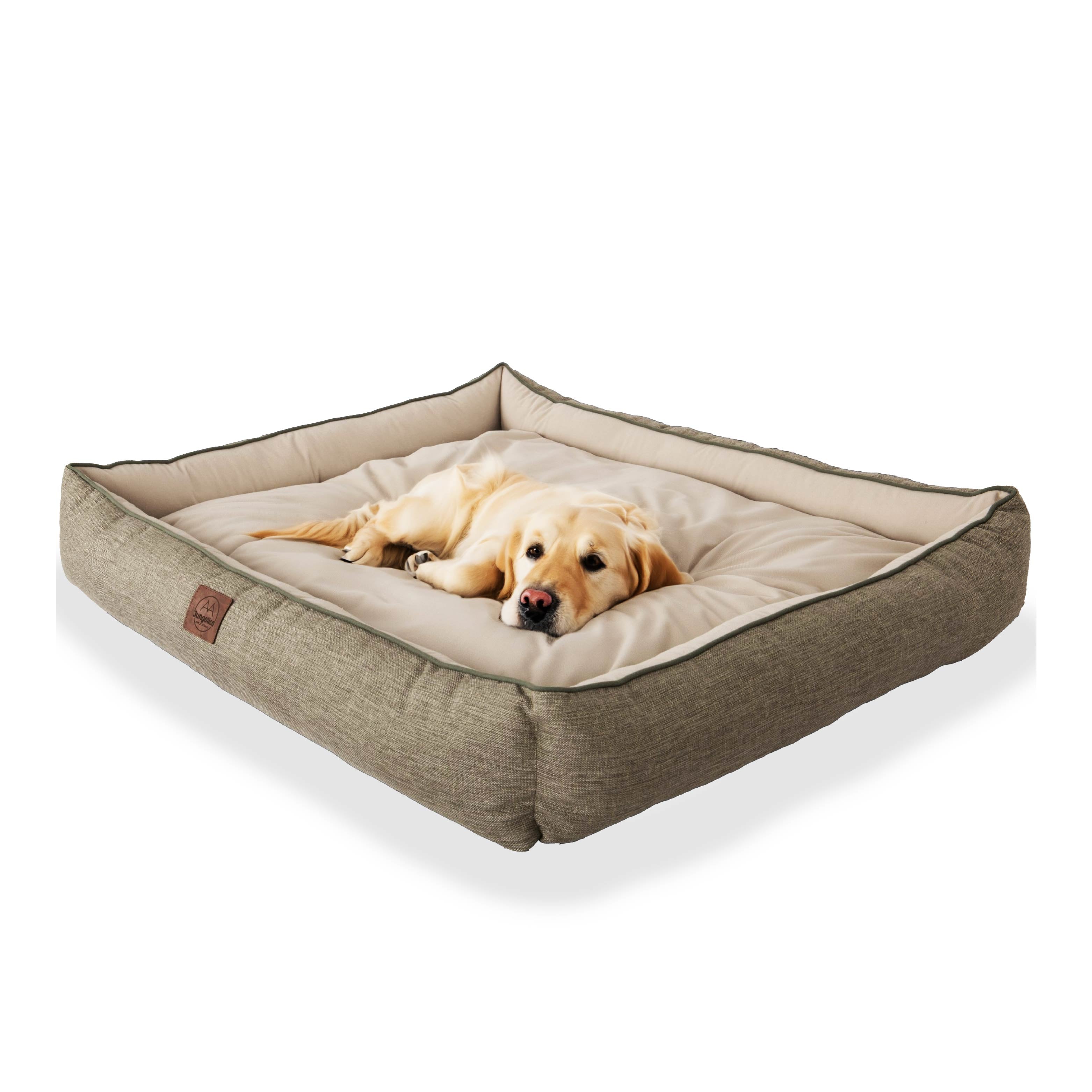 Large beige dog bed with a golden retriever lying comfortably inside