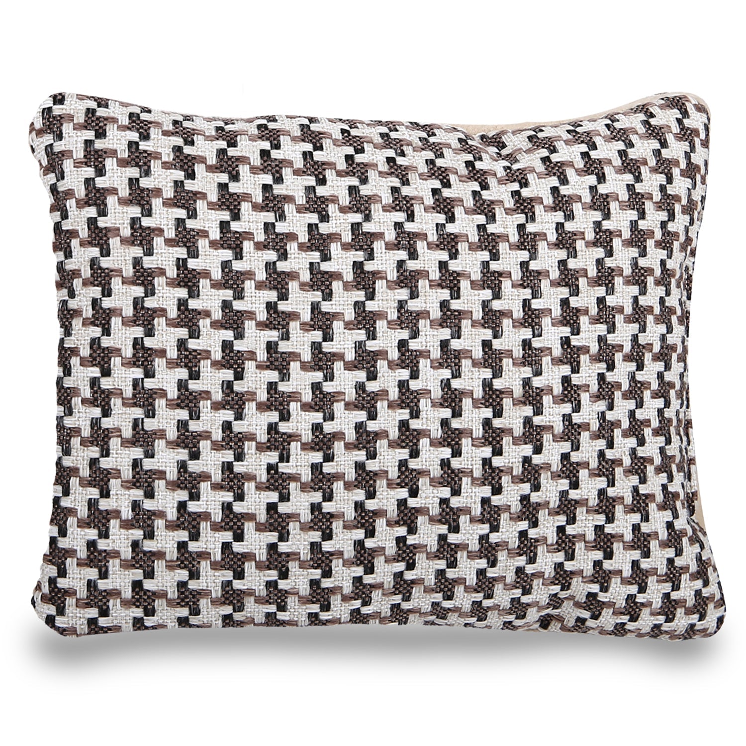 Brown and white textured woven decorative pillow cushion on white background