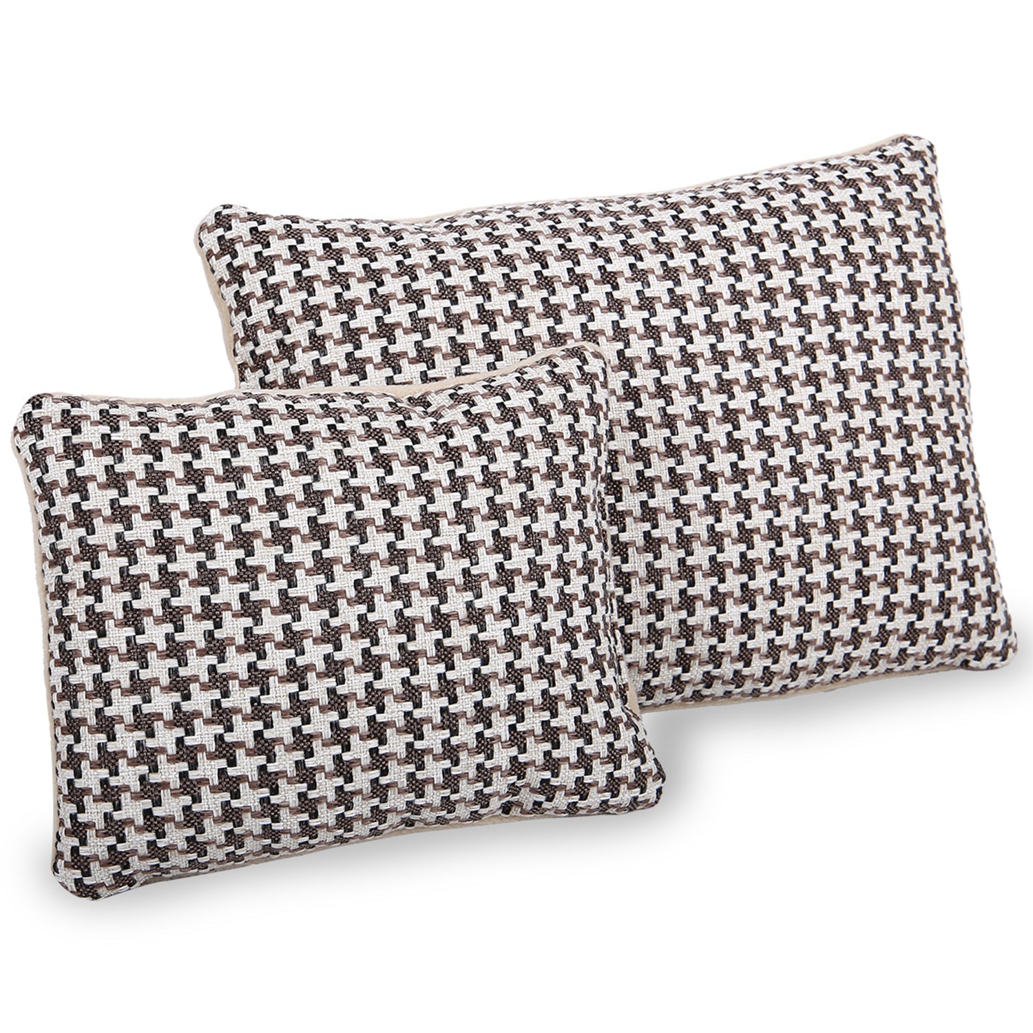 Set of two rectangular decorative pillows with black and white woven houndstooth pattern