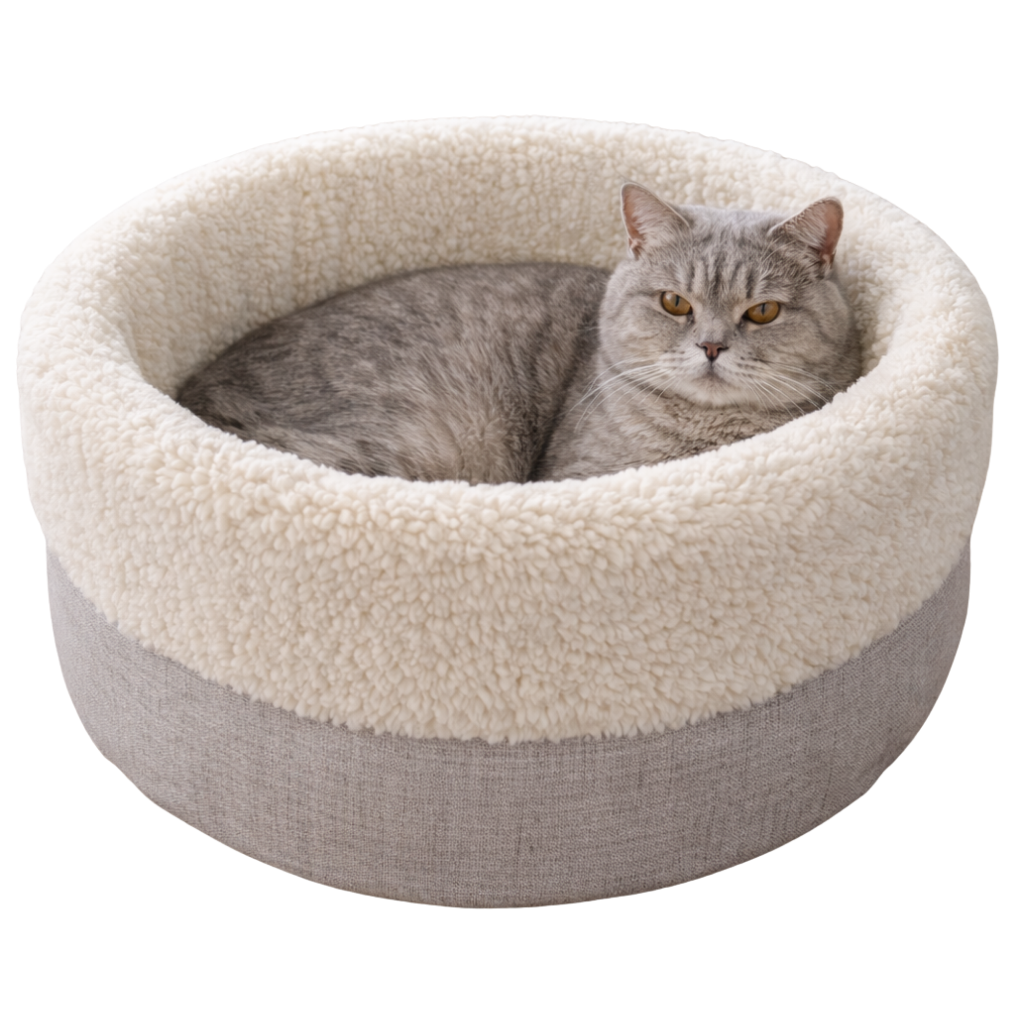 Gray cat resting in a round, plush sherpa-lined pet bed on white background