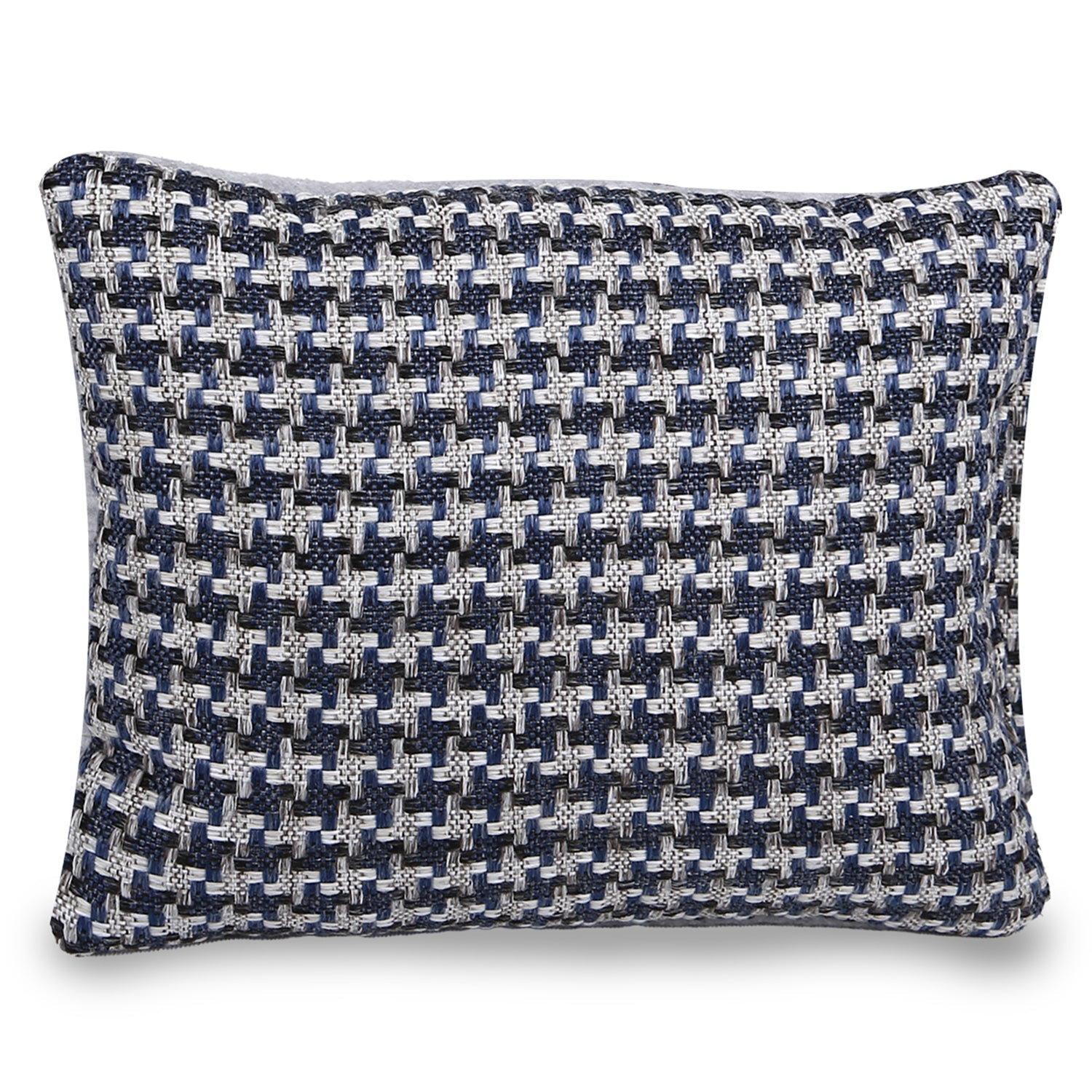 Rectangular woven throw pillow with navy blue, white, and grey checkered pattern