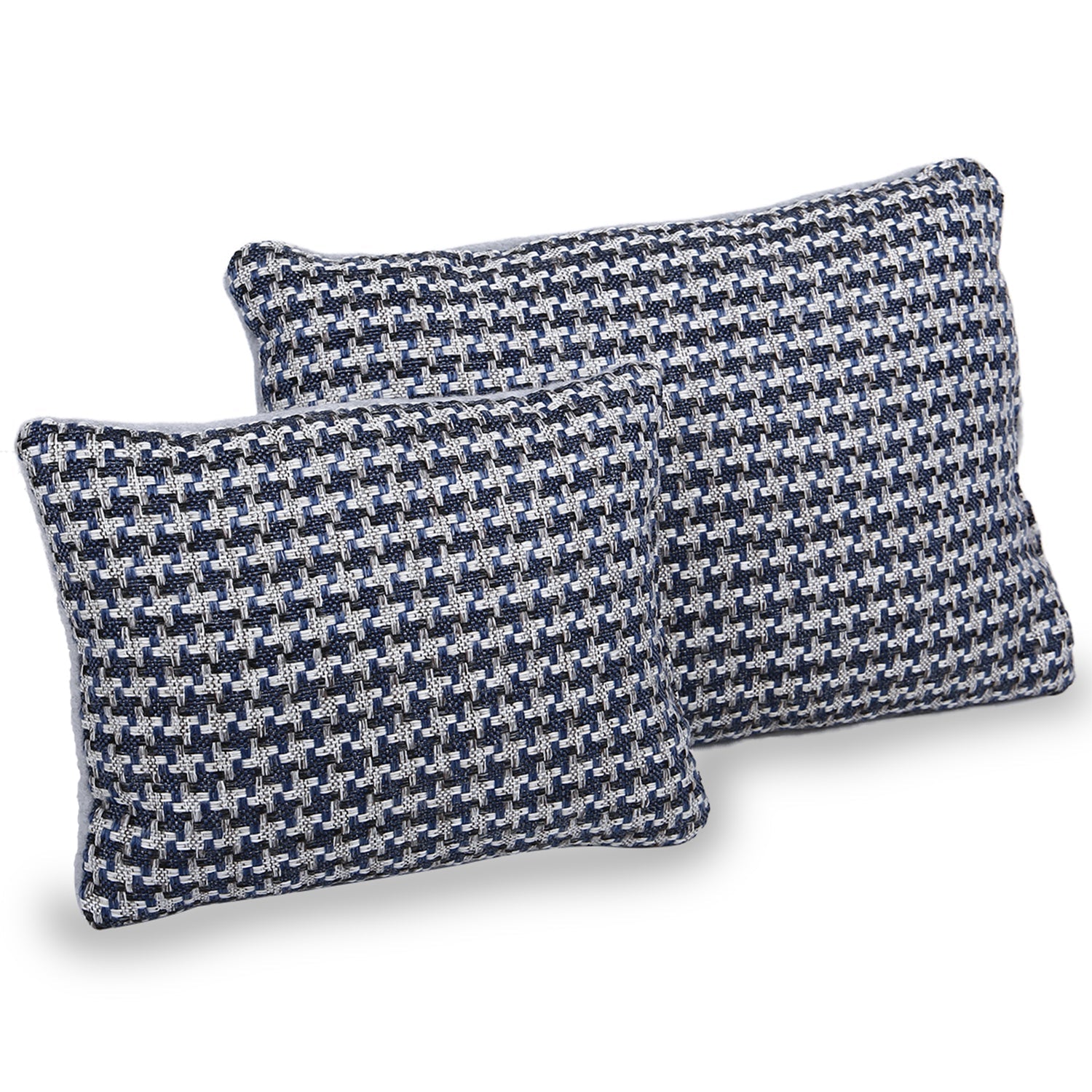 Set of two rectangular woven throw pillows with navy blue and white houndstooth pattern