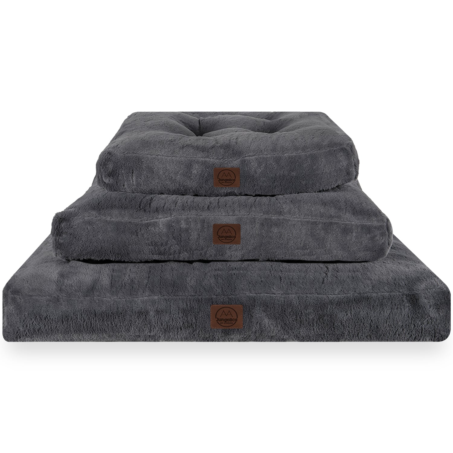Stack of three dark grey, ultra-soft, non-slip pet beds for cats and dogs.