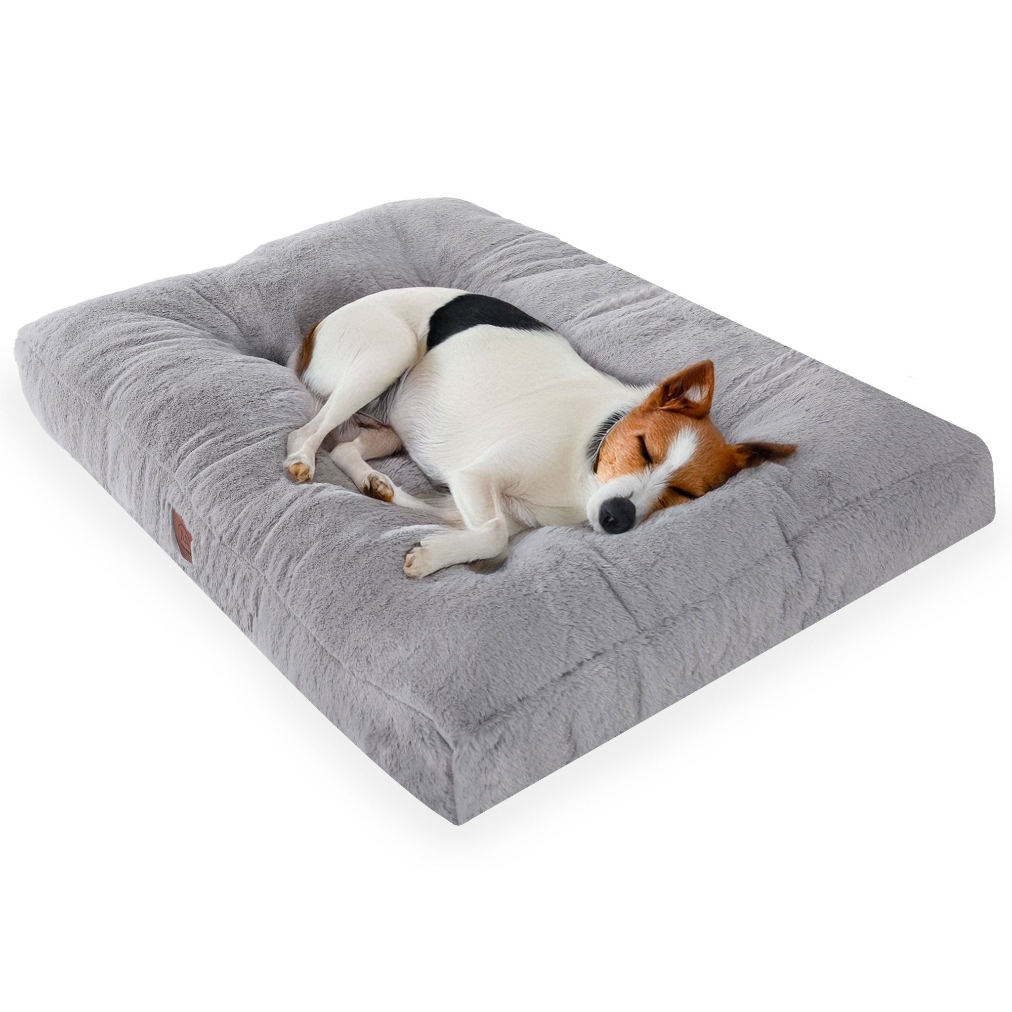 Small dog sleeping on a soft grey non-slip pet bed for cats and dogs