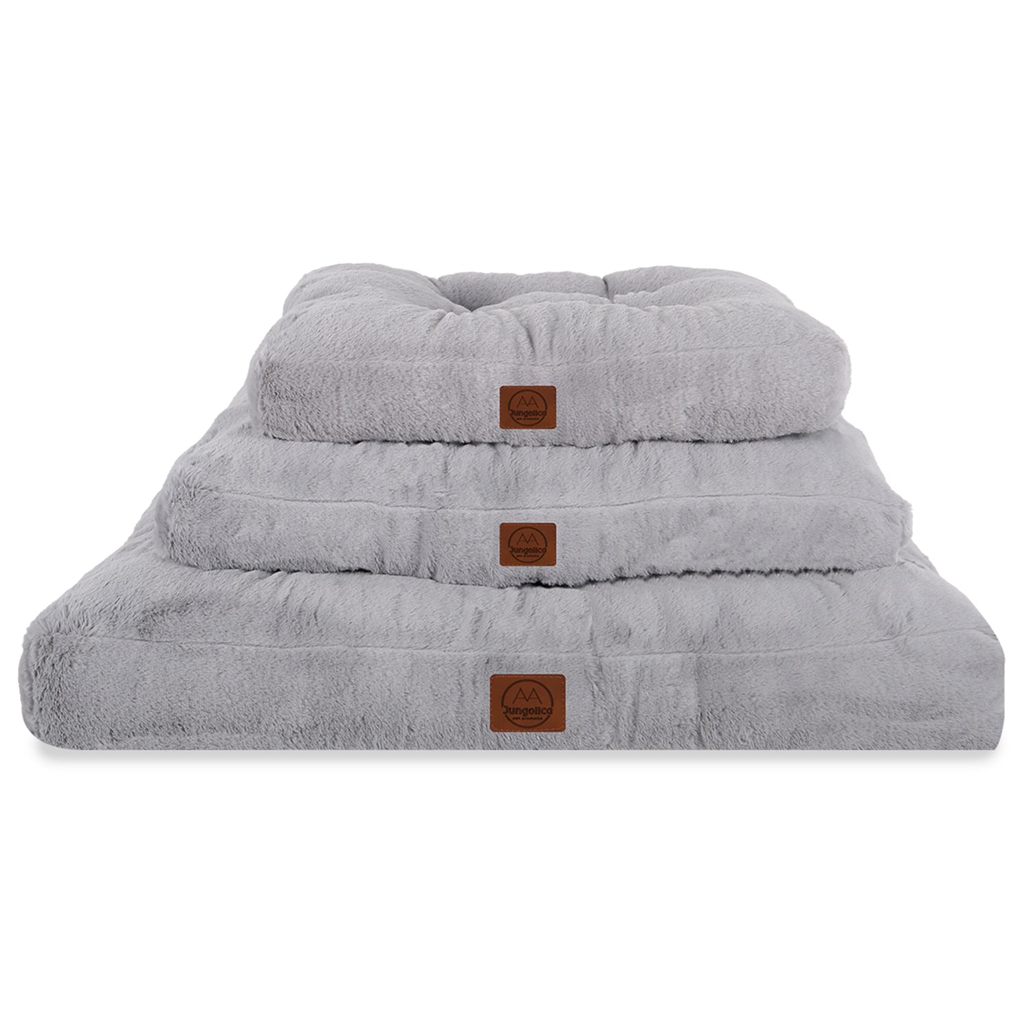 Stack of three grey ultra-soft non-slip pet beds for cats and dogs on white background