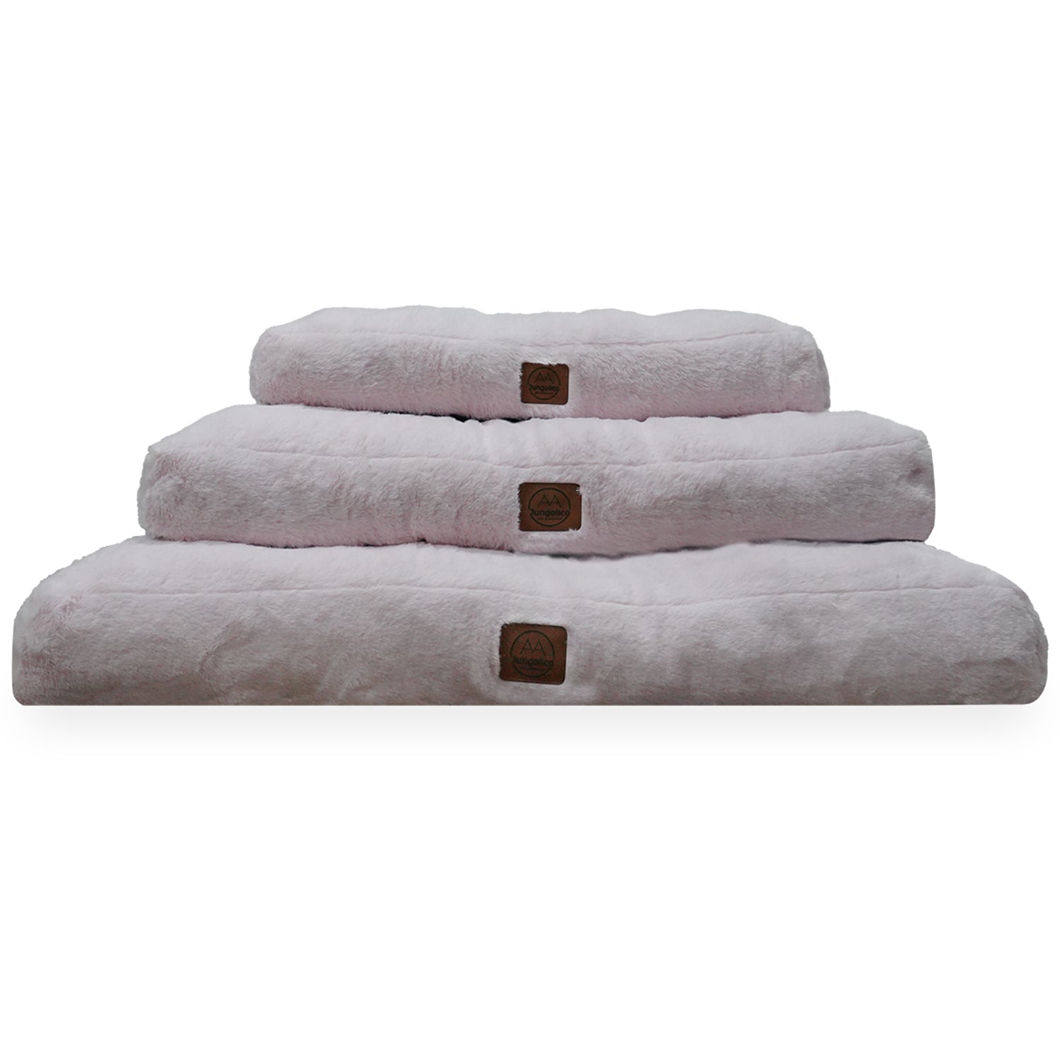 Stack of three pink ultra-soft non-slip pet beds for cats and dogs on white background