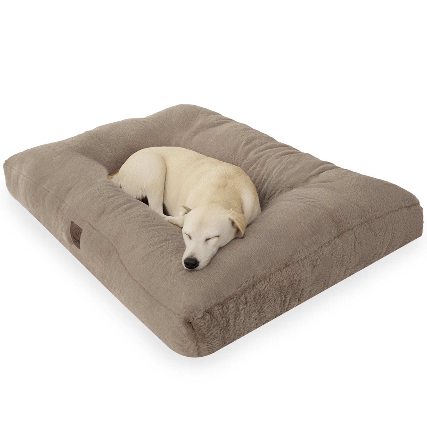 Beige anti-slip soft pet bed with a dog sleeping comfortably on it