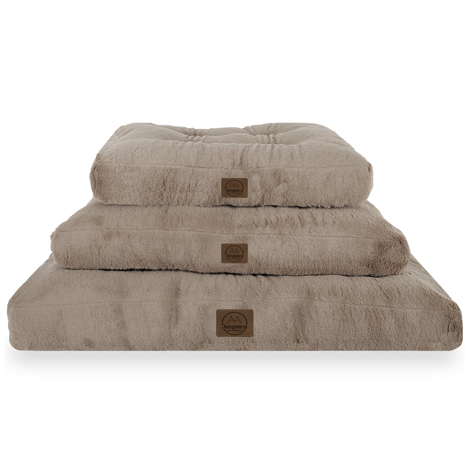 Stacked beige ultra-soft pet beds with non-slip bottoms for cats and dogs