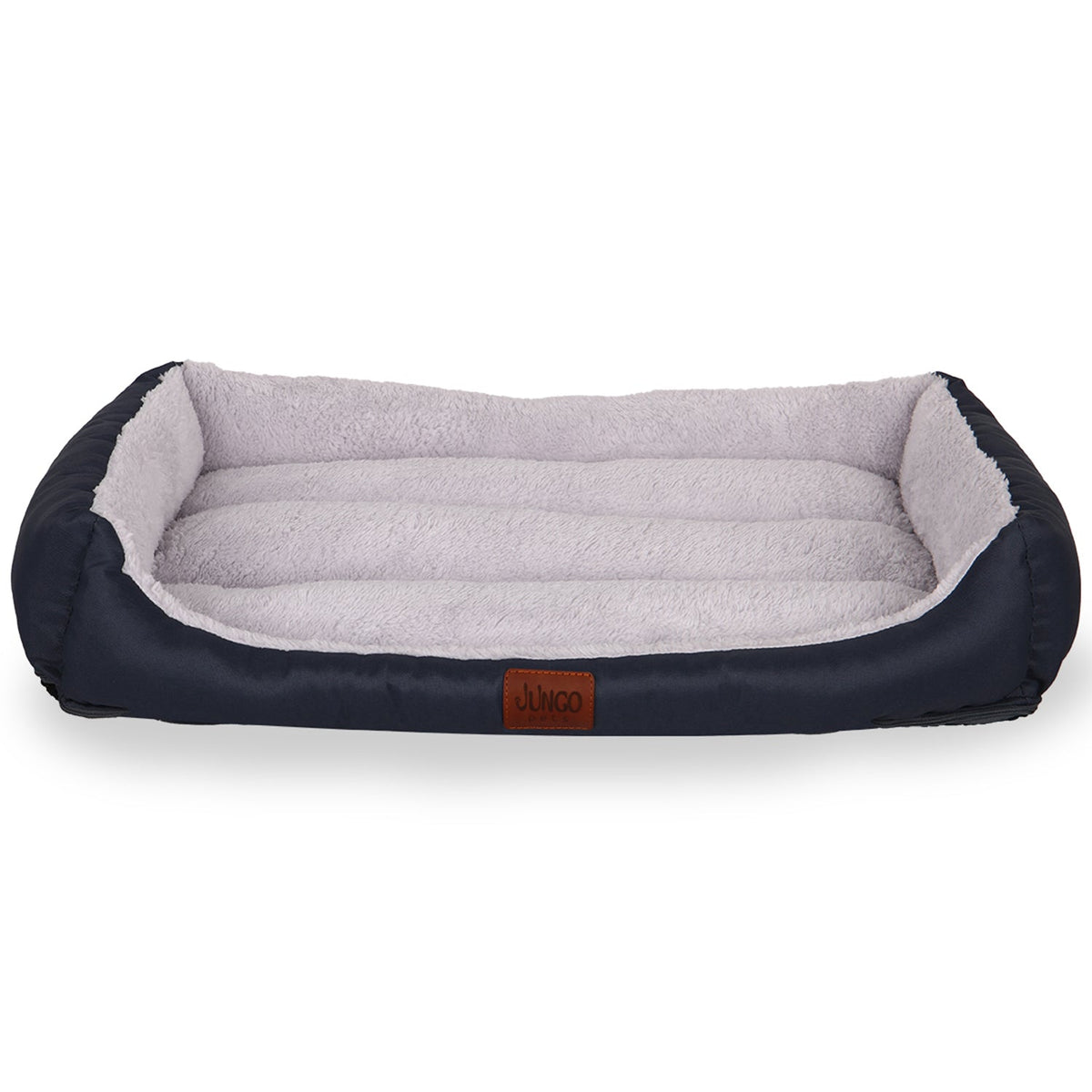 Soft rectangular anthracite pet bed with raised sides and light gray plush interior