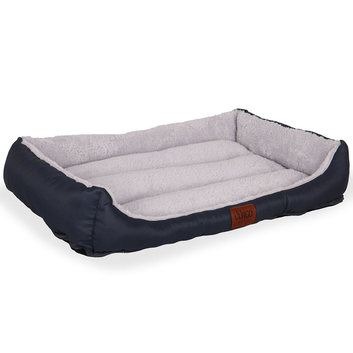 Rectangular dark grey pet bed with soft light grey fleece interior, orthopedic design.