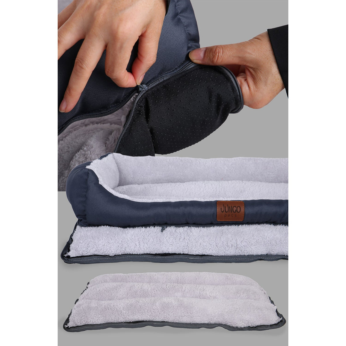 Gray orthopedic pet bed with removable, washable cover and soft fleece lining