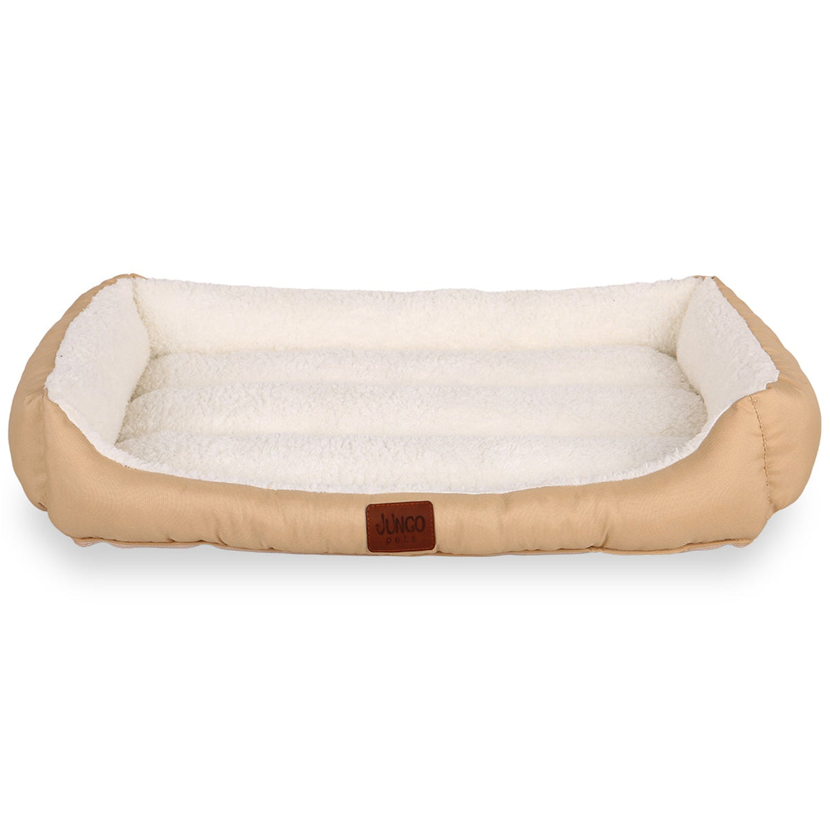 Beige rectangular pet bed with soft white fleece interior and raised edges.