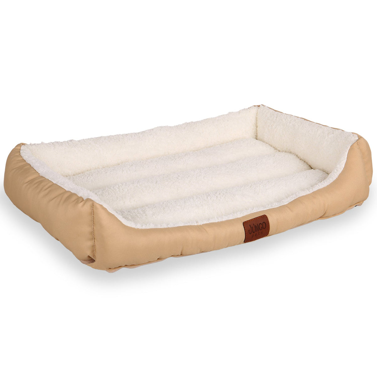 Rectangular beige and white plush pet bed with soft fleece lining on a white background