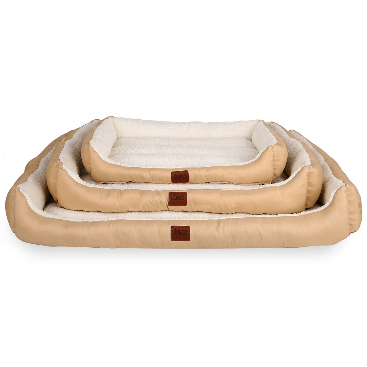 Stack of three beige rectangular pet beds with soft white lining on white background
