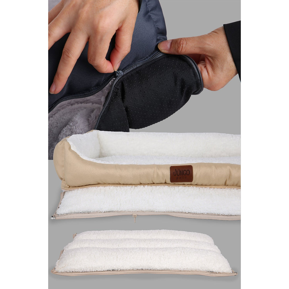Removable washable beige dog bed with zippered cover and soft fleece lining