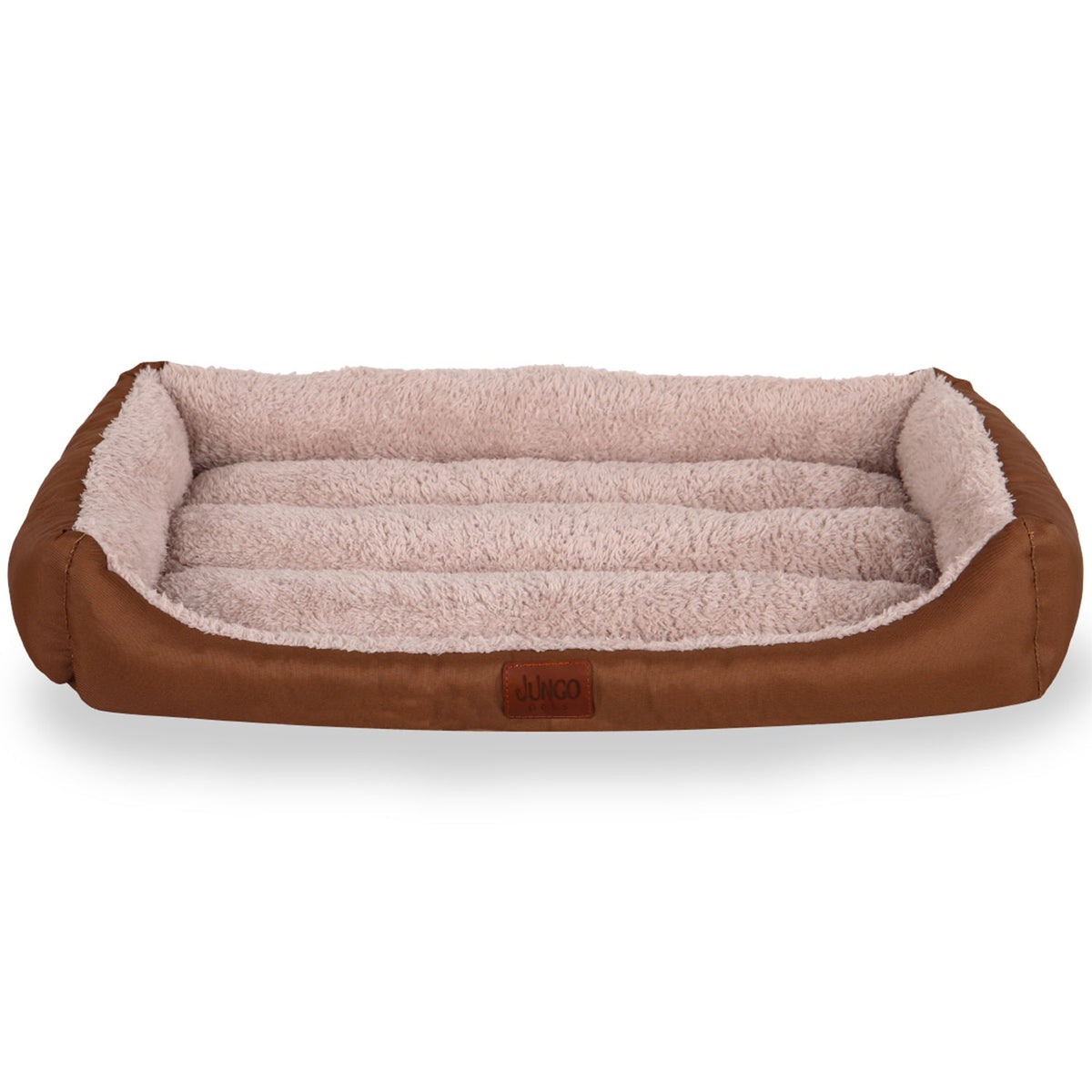 Rectangular brown and beige plush pet bed with soft cushioned sides and fleece lining