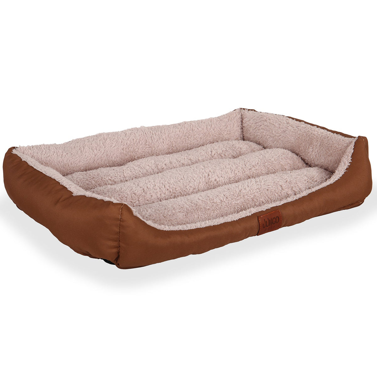 Soft rectangular pet bed with brown sides and plush beige interior, cozy dog or cat mat