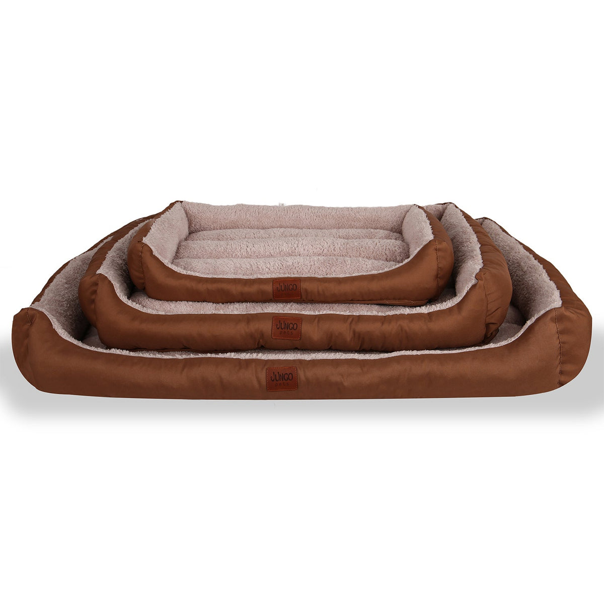 Stacked brown rectangular pet beds with soft beige inner lining
