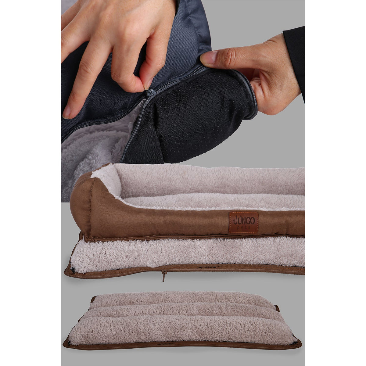 Close-up of a brown and beige washable pet bed with zipper and soft fleece surface