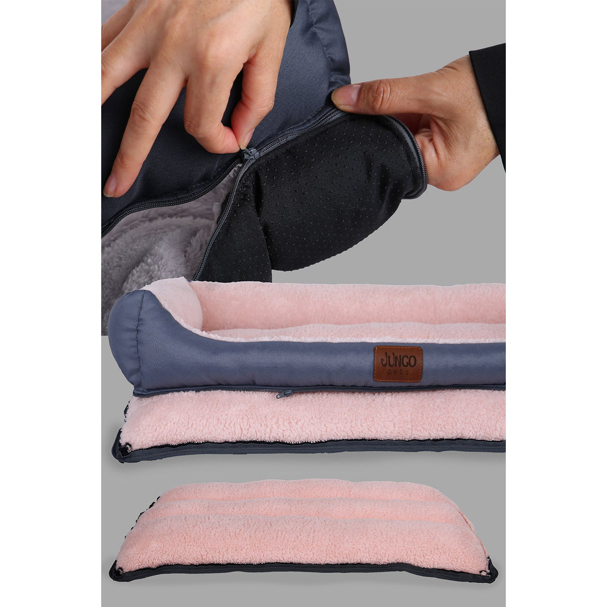 Removable and washable pink and grey pet bed with soft fleece surface and zippered cover