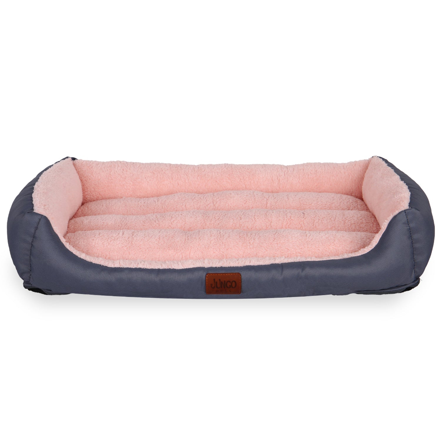 Rectangular pink plush pet bed with gray sides on white background