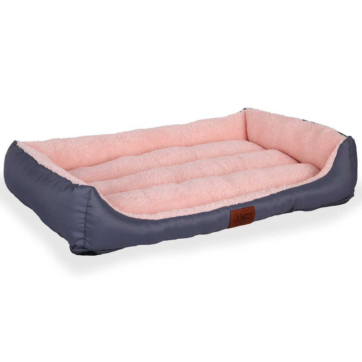 Rectangular pink and gray plush pet bed with raised sides, cozy and soft texture.